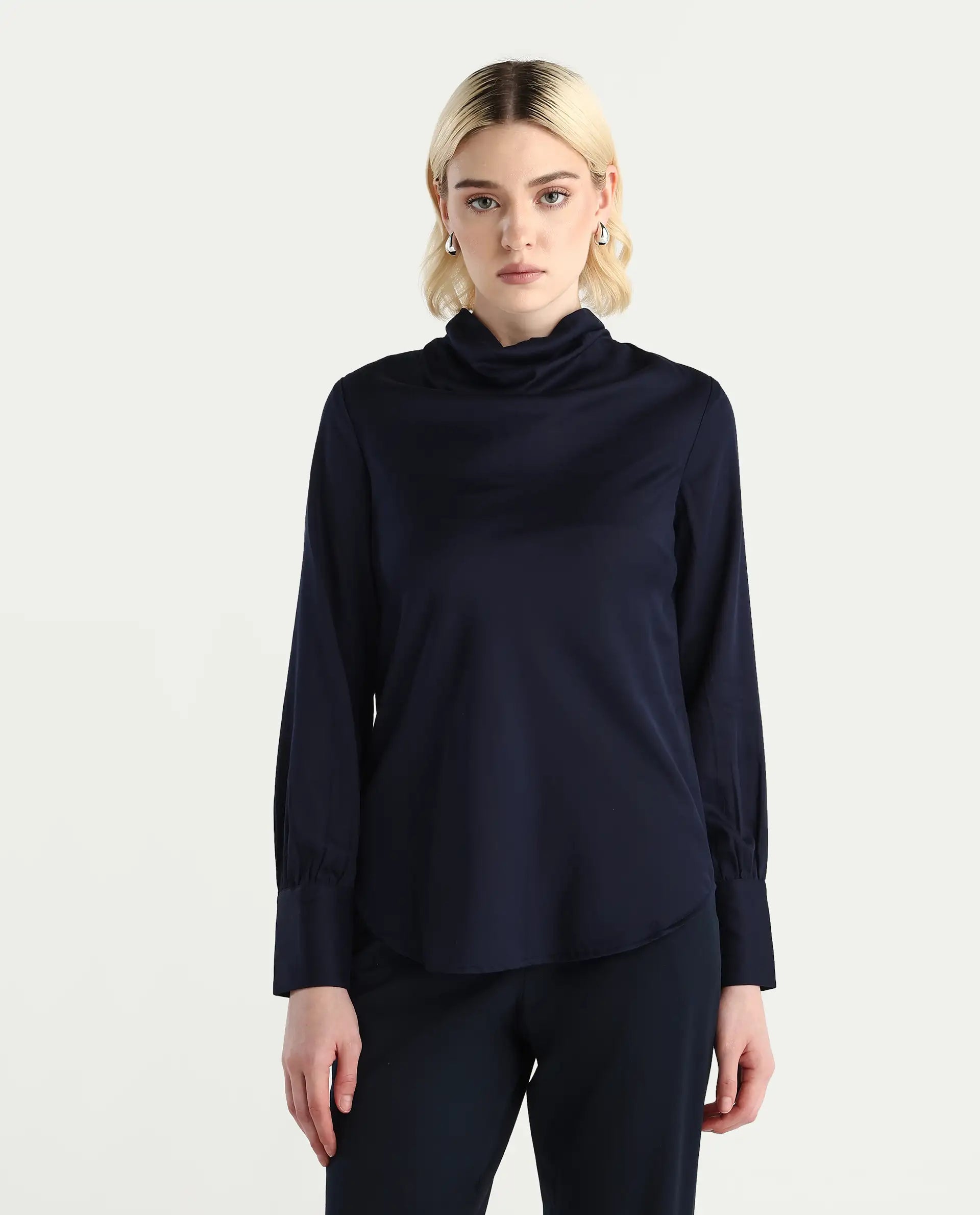 Rareism Women's Nujuno Navy Cotton Blend Bishop Sleeve Cowl Neck Regular Fit Plain Top