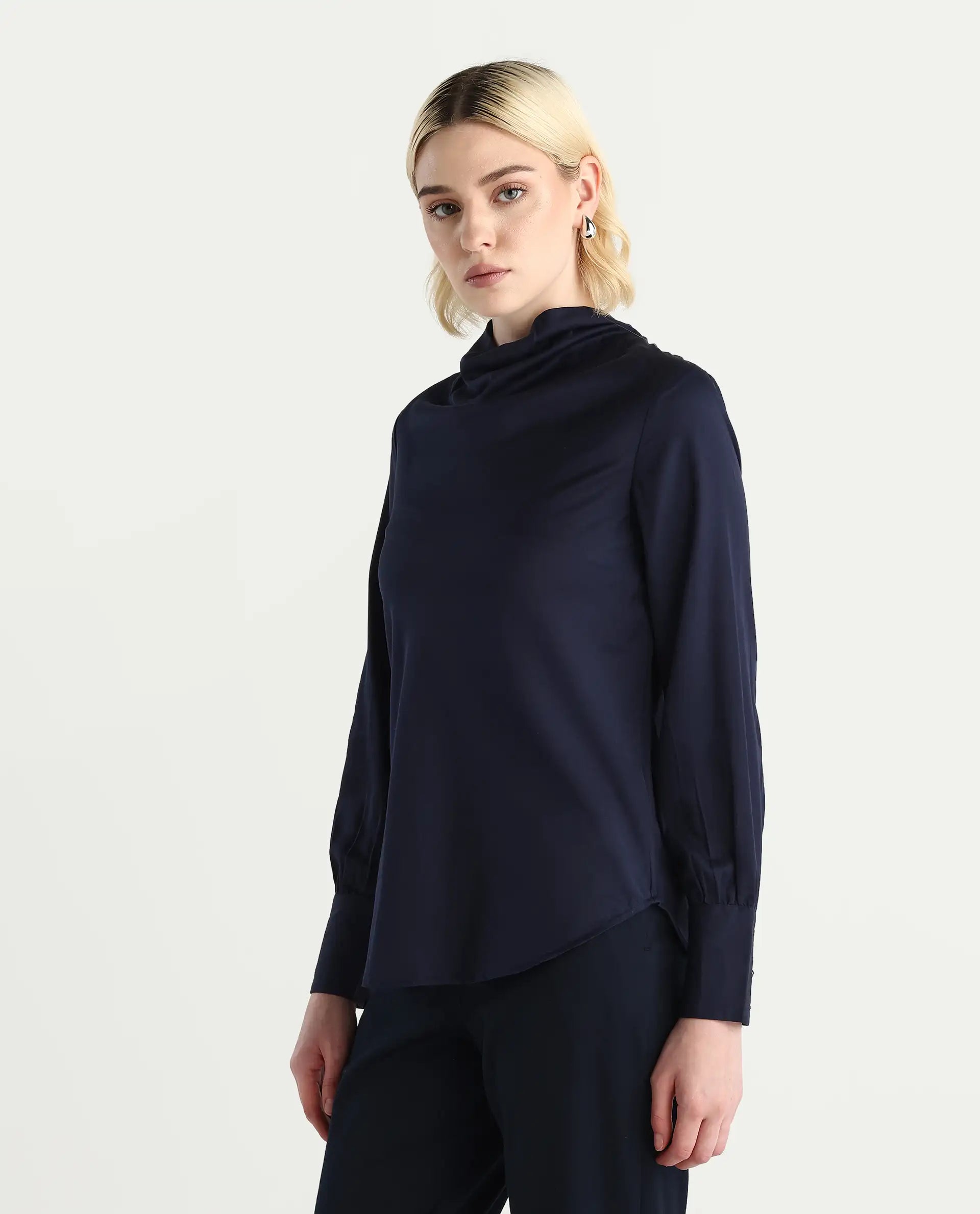 Rareism Women's Nujuno Navy Cotton Blend Bishop Sleeve Cowl Neck Regular Fit Plain Top