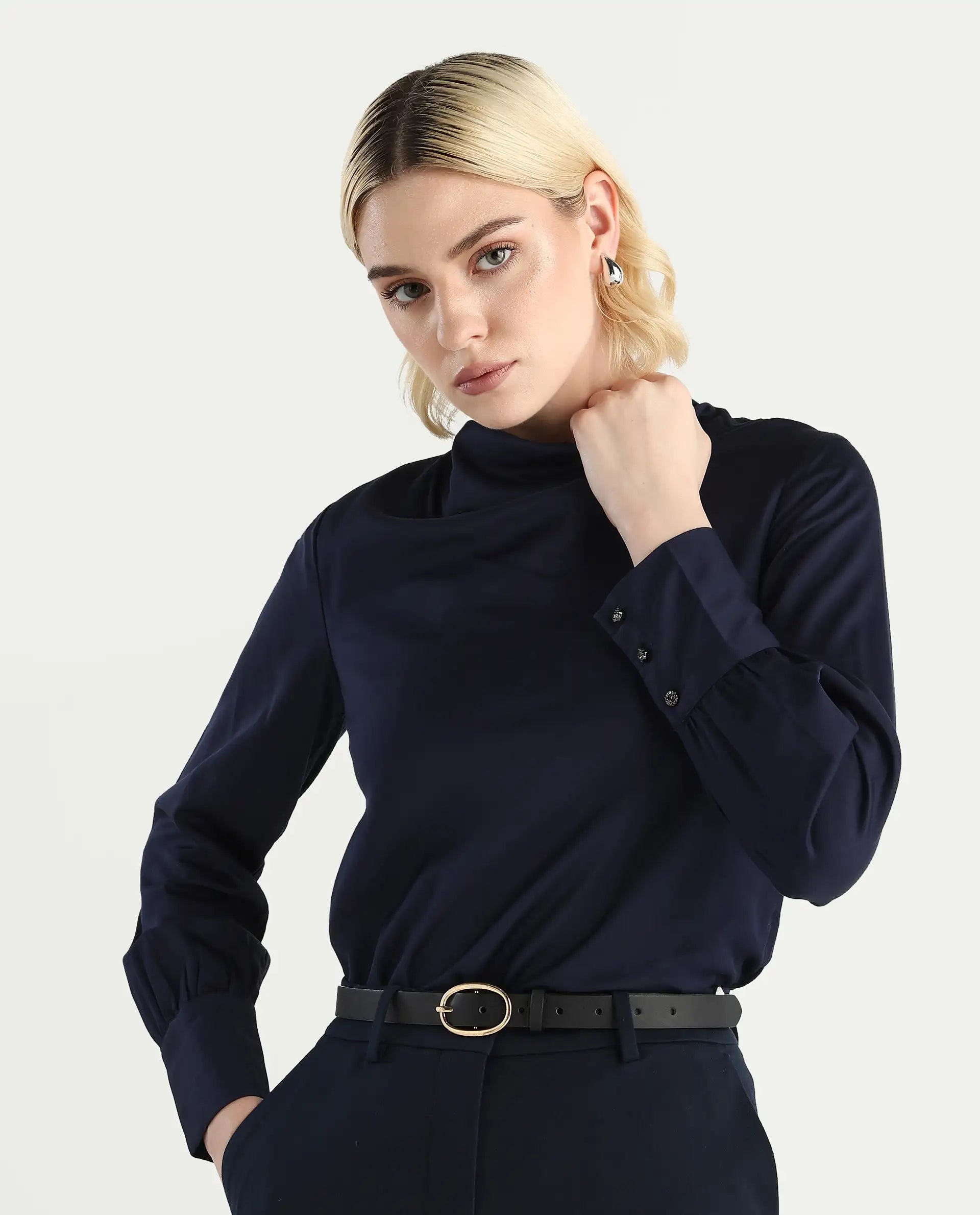 Rareism Women's Nujuno Navy Cotton Blend Bishop Sleeve Cowl Neck Regular Fit Plain Top