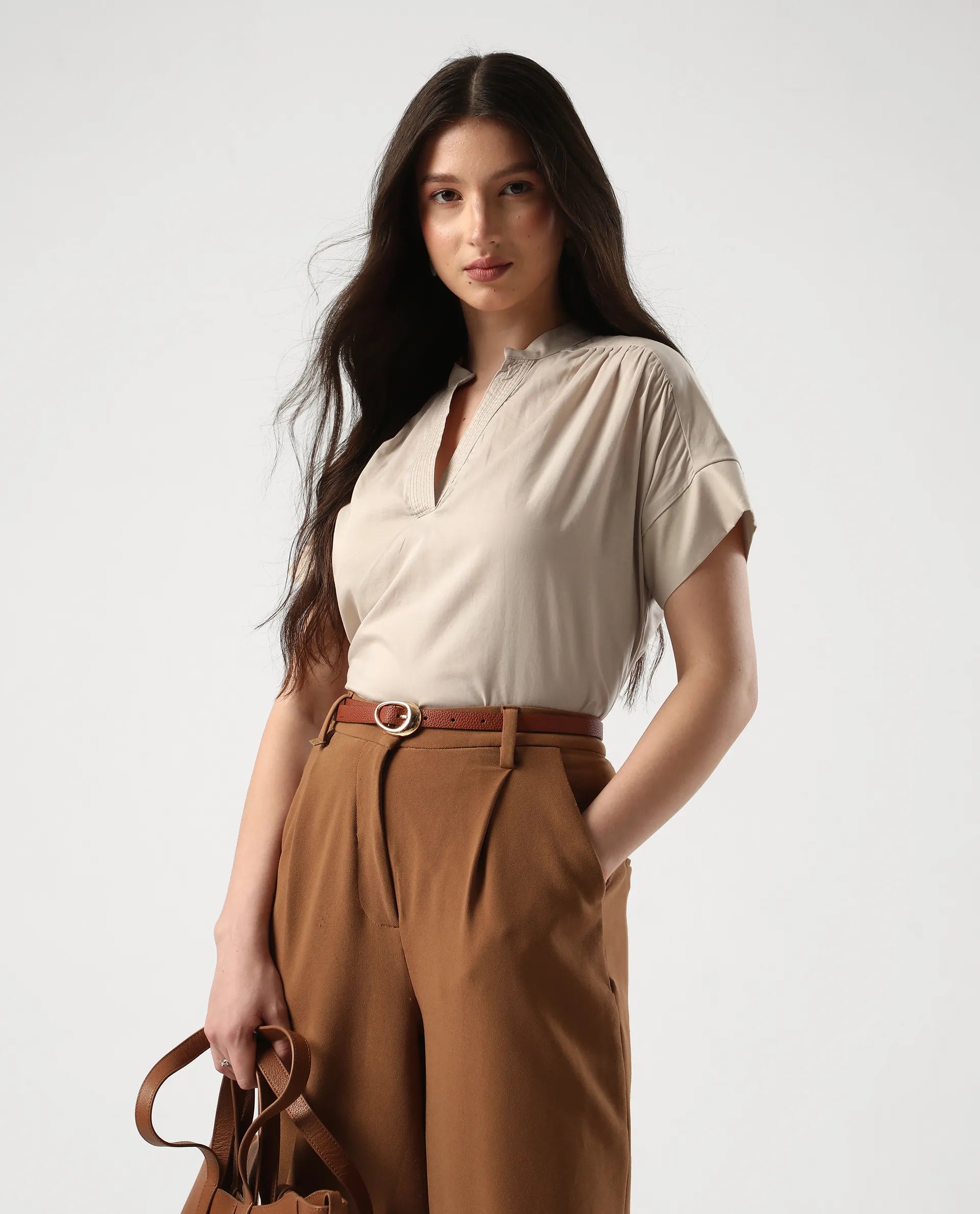 Rareism Women's Nupto Beige Cotton Mandarin Collar Relaxed Fit Plain Top