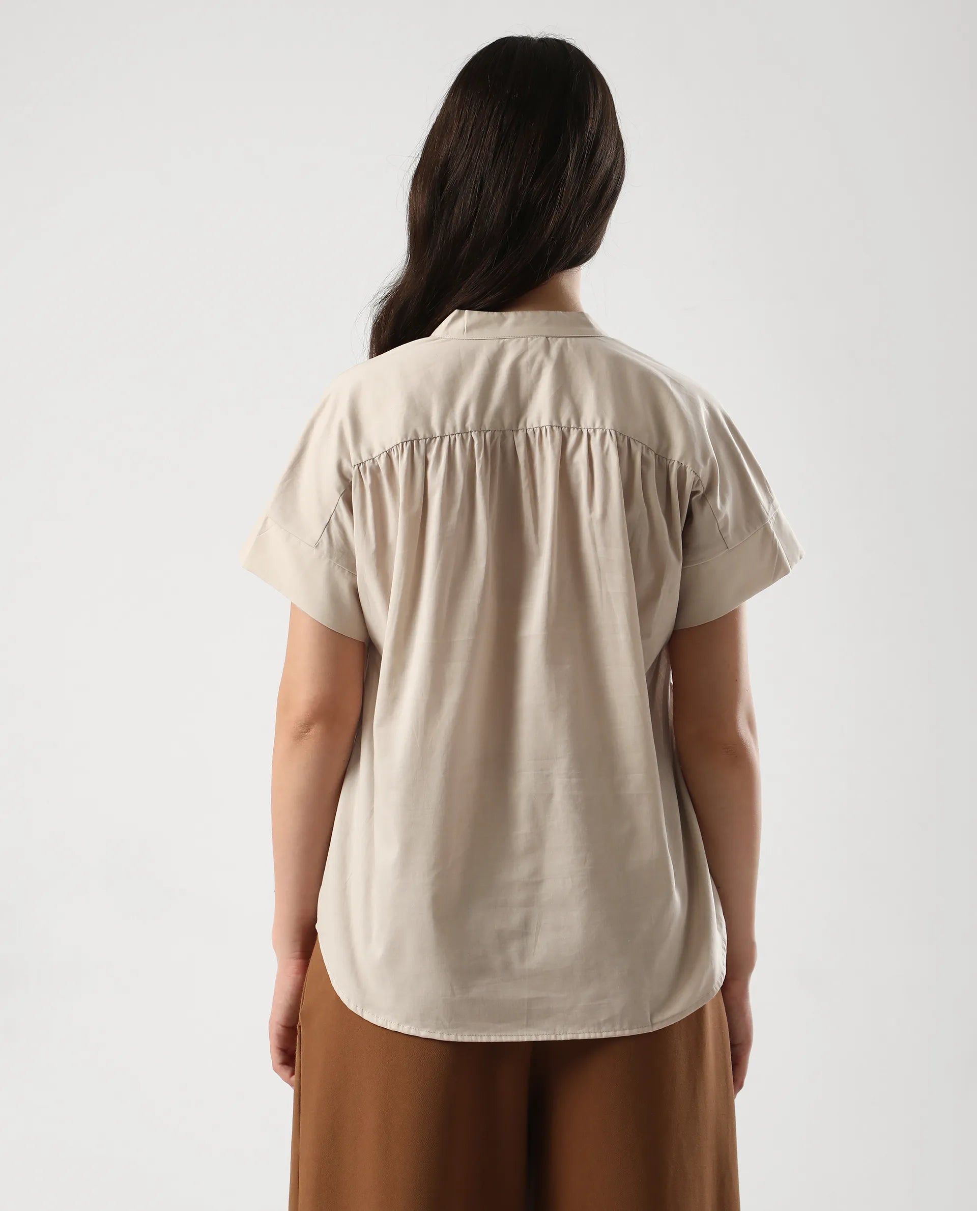 Rareism Women's Nupto Beige Cotton Mandarin Collar Relaxed Fit Plain Top