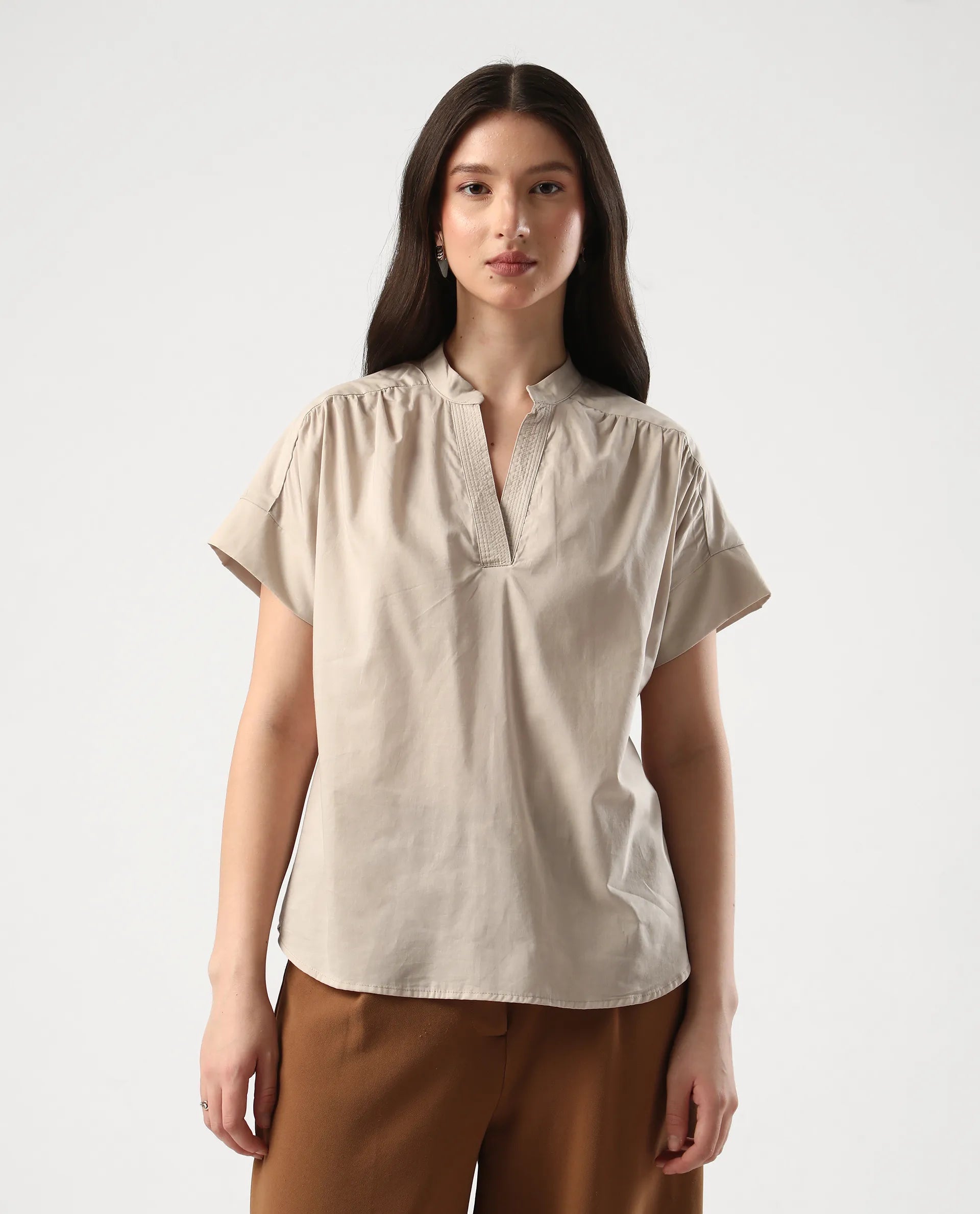 Rareism Women's Nupto Beige Cotton Mandarin Collar Relaxed Fit Plain Top