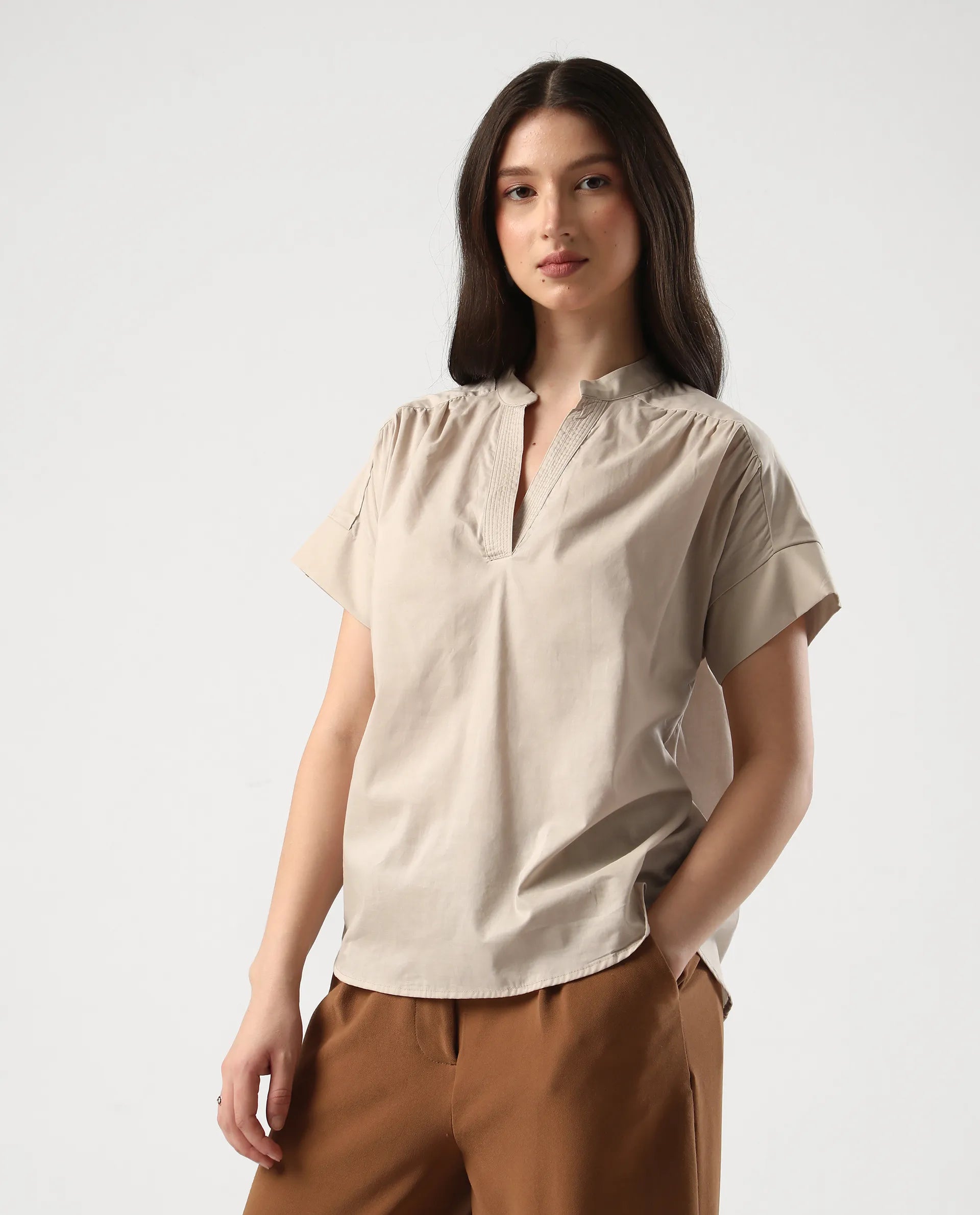 Rareism Women's Nupto Beige Cotton Mandarin Collar Relaxed Fit Plain Top