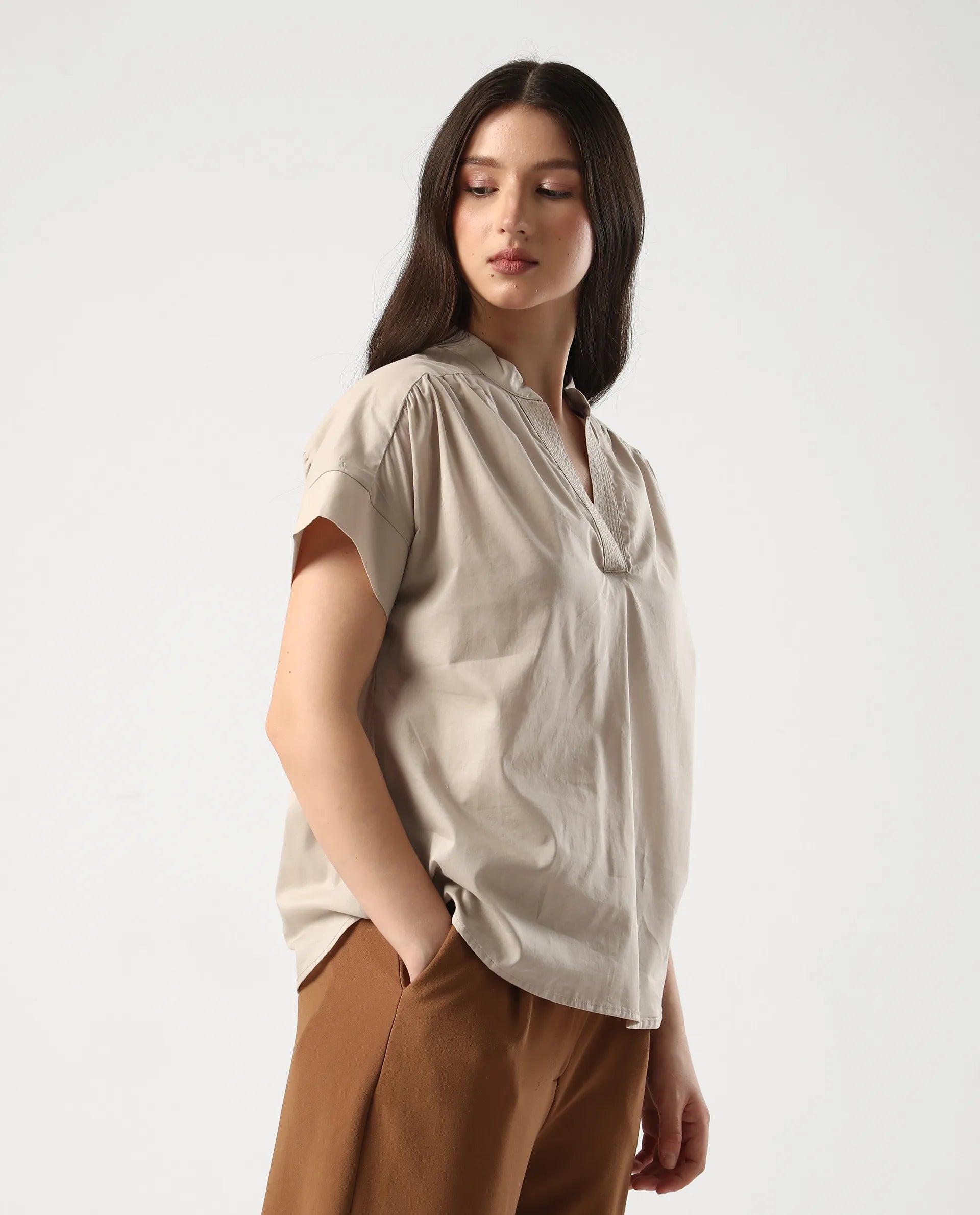 Rareism Women's Nupto Beige Cotton Mandarin Collar Relaxed Fit Plain Top