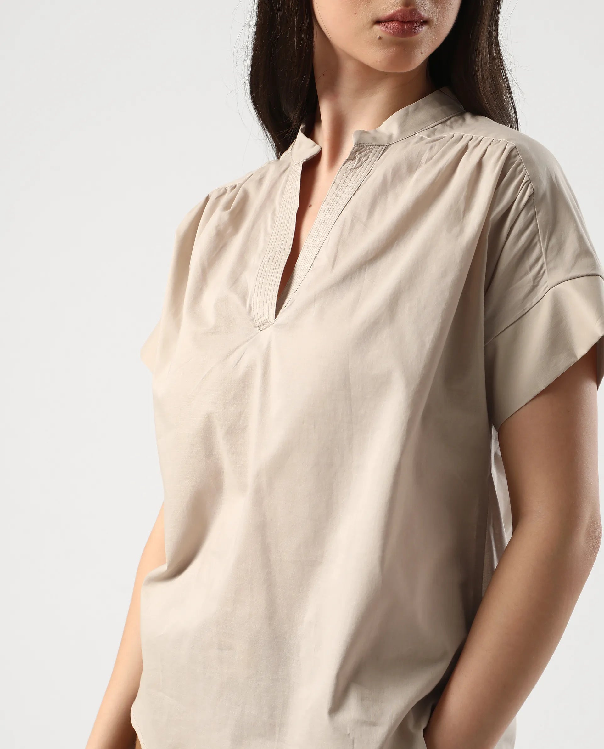 Rareism Women's Nupto Beige Cotton Mandarin Collar Relaxed Fit Plain Top
