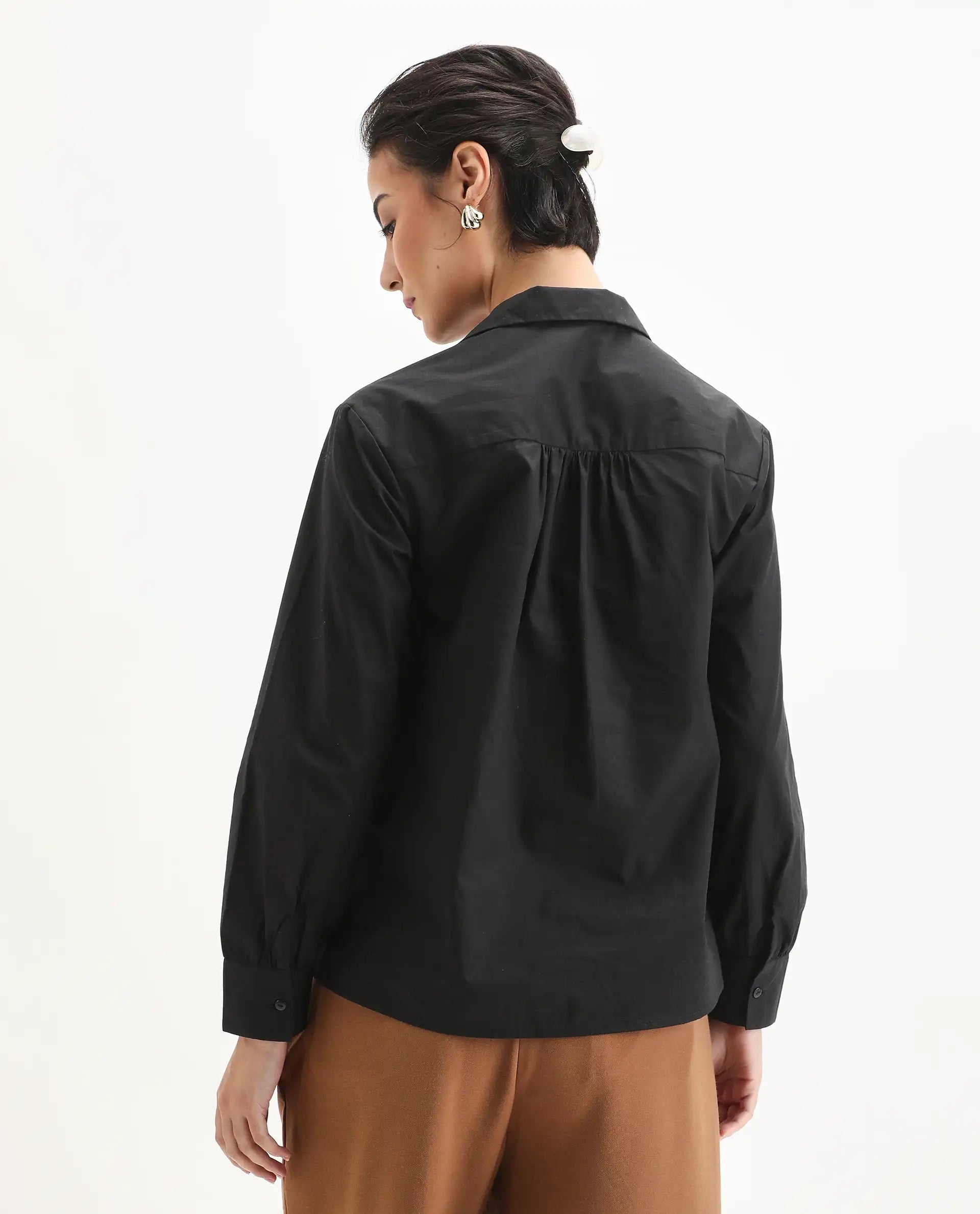 Rareism Women's Nurat Black Cotton Cuffed Sleeve Collared Neck Regular Fit Plain Top