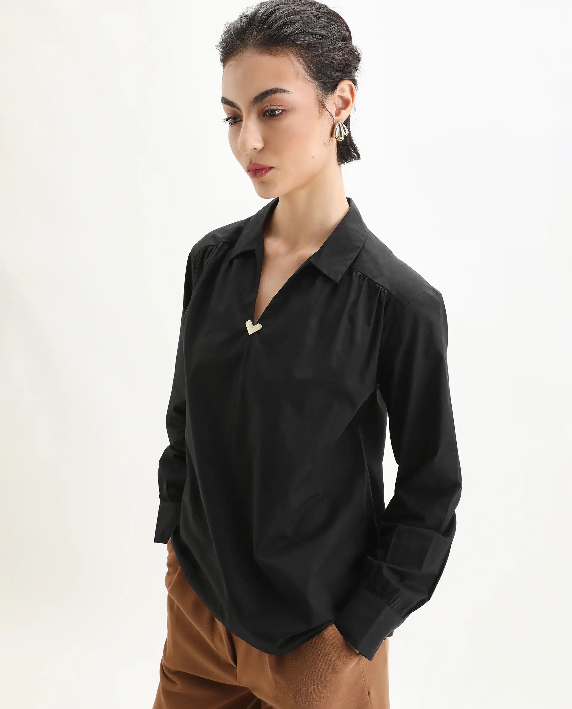 Rareism Women's Nurat Black Cotton Cuffed Sleeve Collared Neck Regular Fit Plain Top