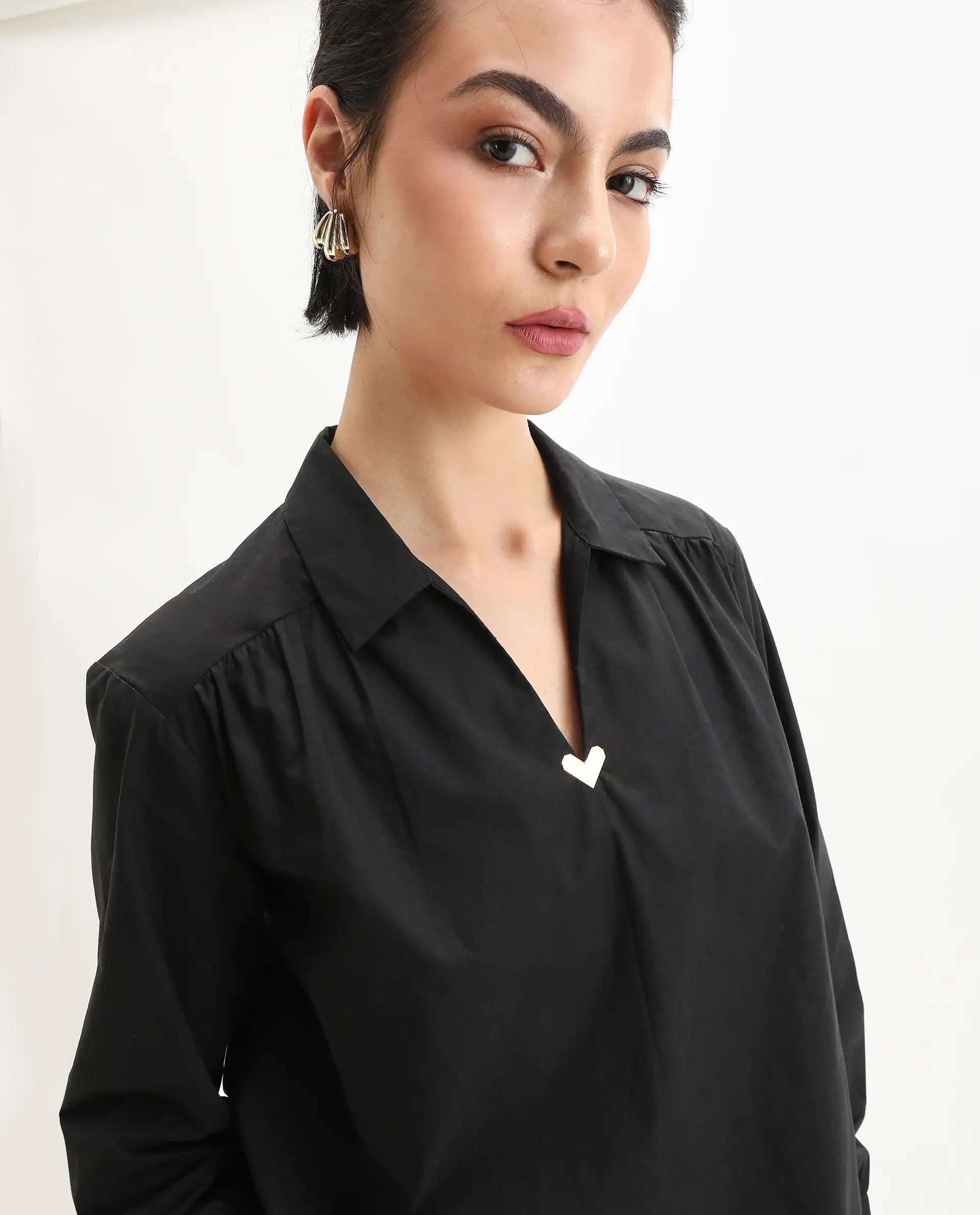 Rareism Women's Nurat Black Cotton Cuffed Sleeve Collared Neck Regular Fit Plain Top