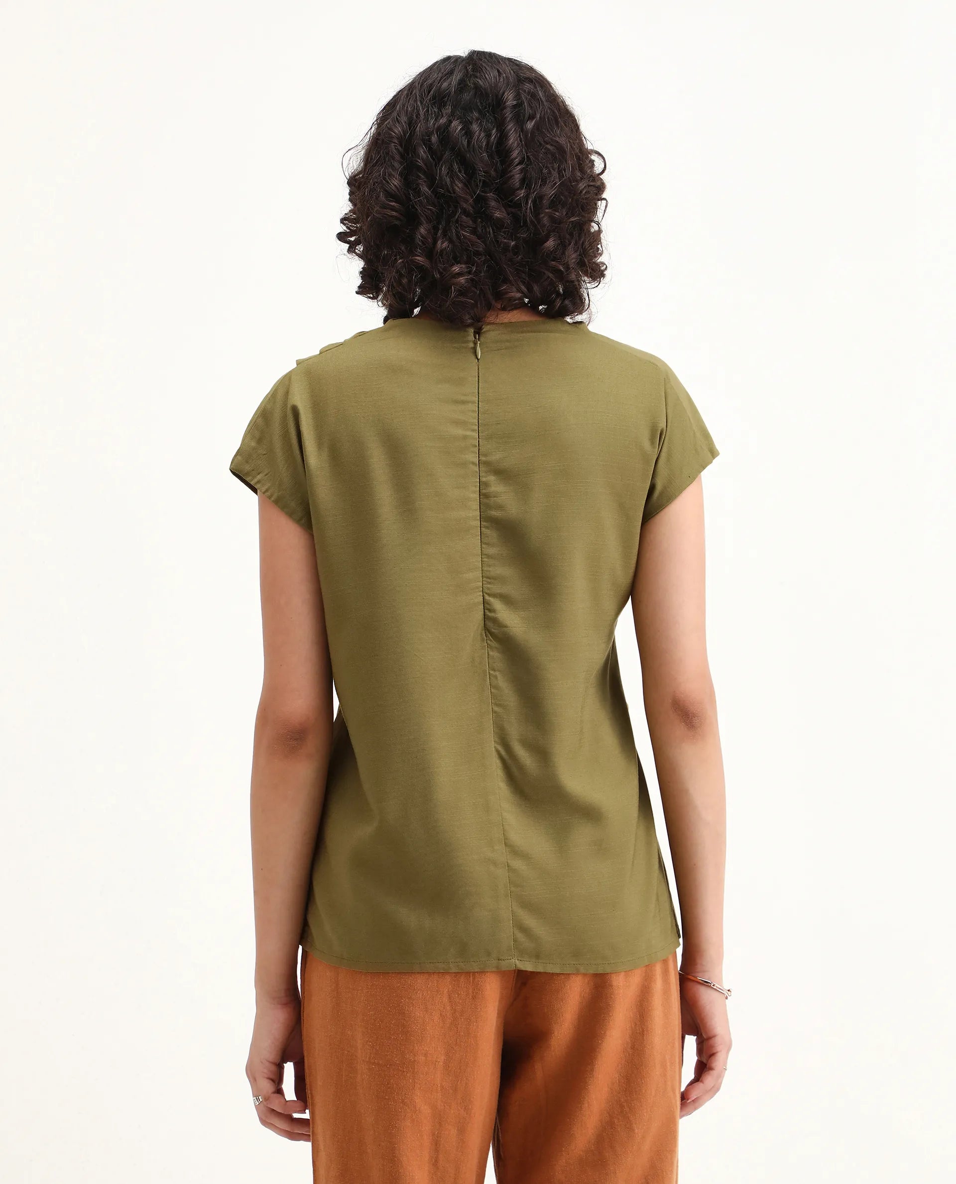 Rareism Women's Nusero Olive Nylon Viscose Cowl Neck Regular Fit Plain Top