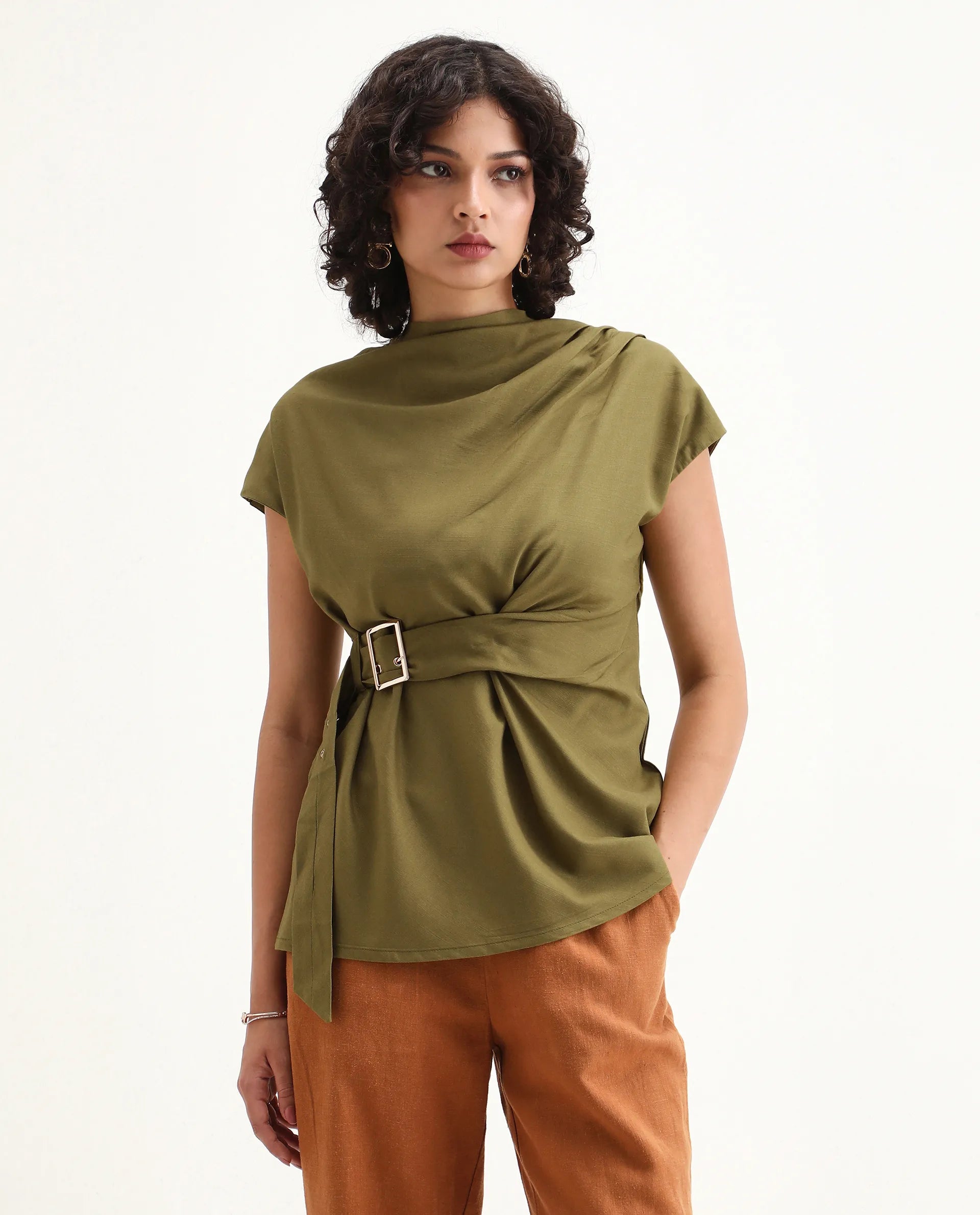 Rareism Women's Nusero Olive Nylon Viscose Cowl Neck Regular Fit Plain Top