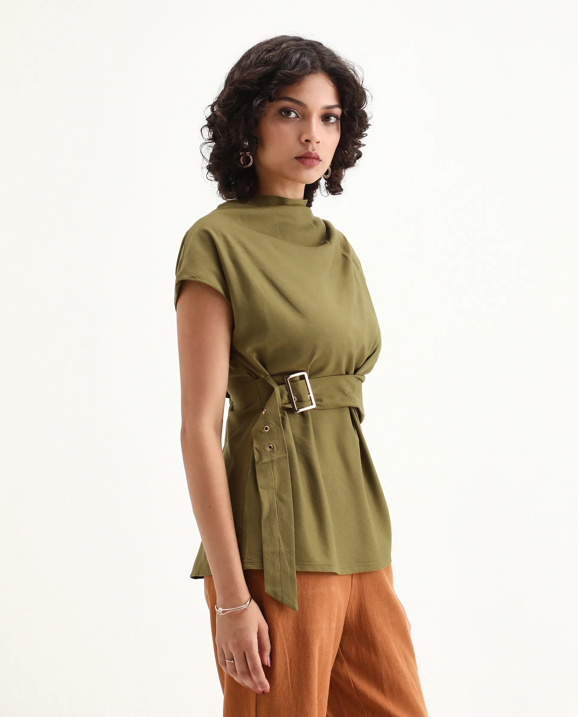 Rareism Women's Nusero Olive Nylon Viscose Cowl Neck Regular Fit Plain Top