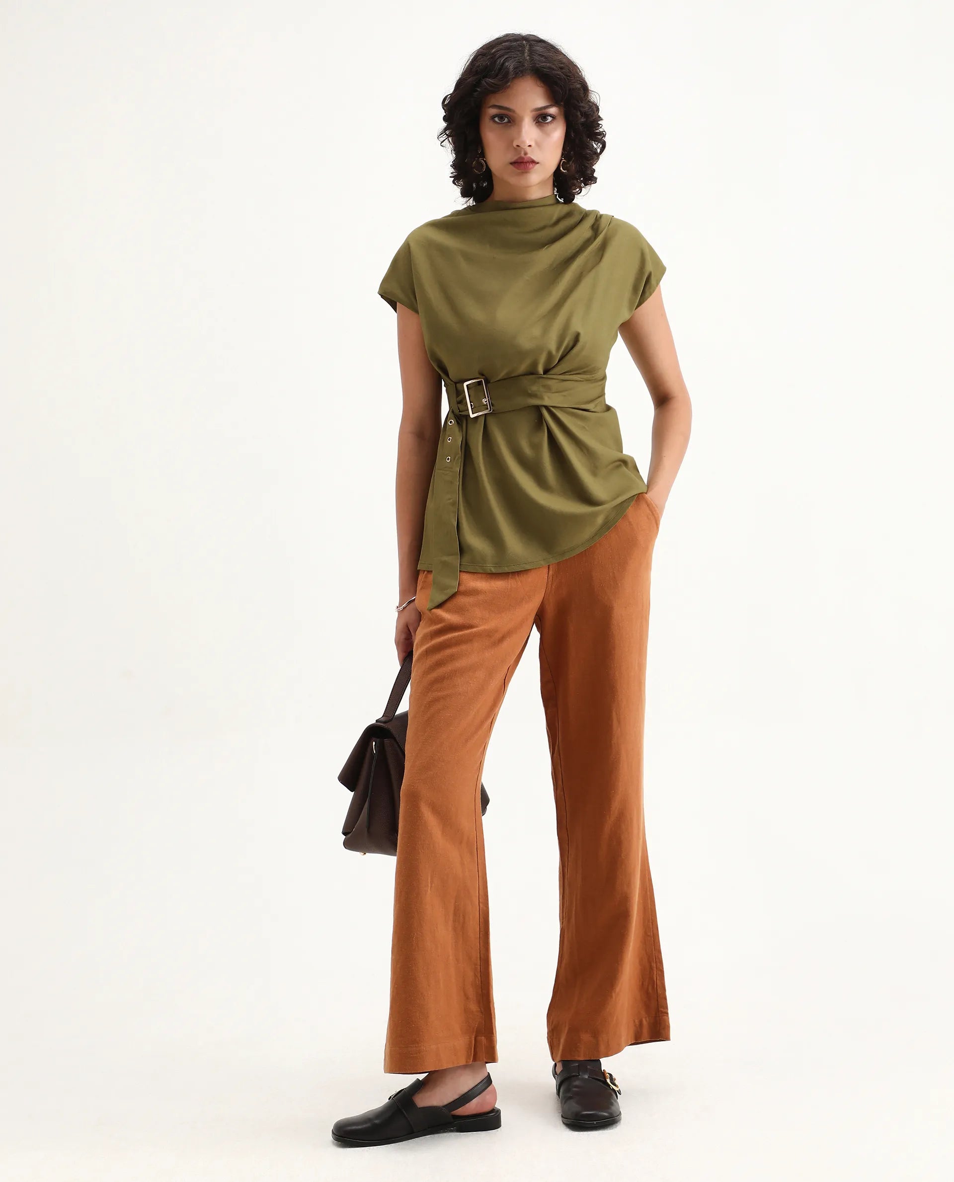 Rareism Women's Nusero Olive Nylon Viscose Cowl Neck Regular Fit Plain Top