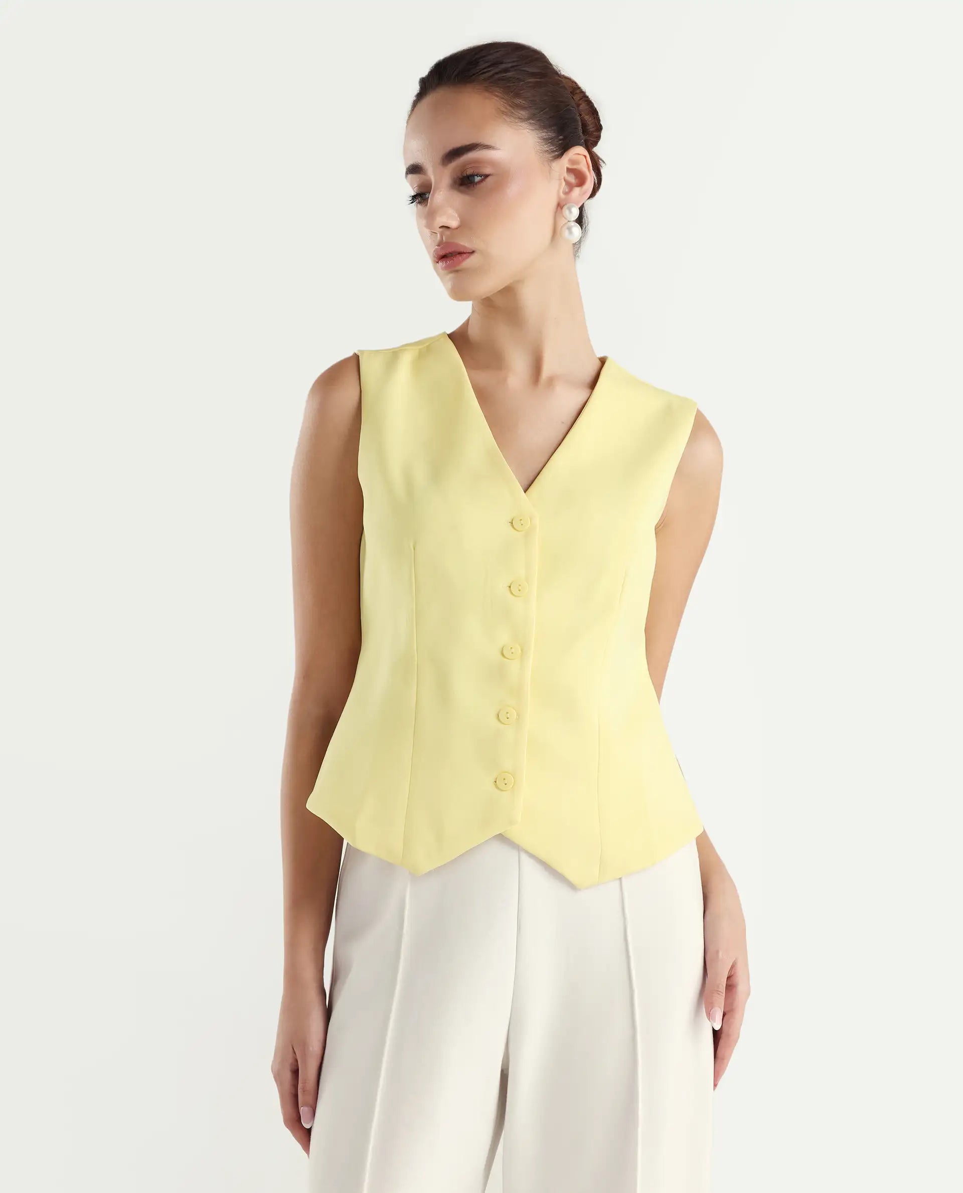 Rareism Women Nuva-T Yellow V-Neck Button Fitted Plain Top