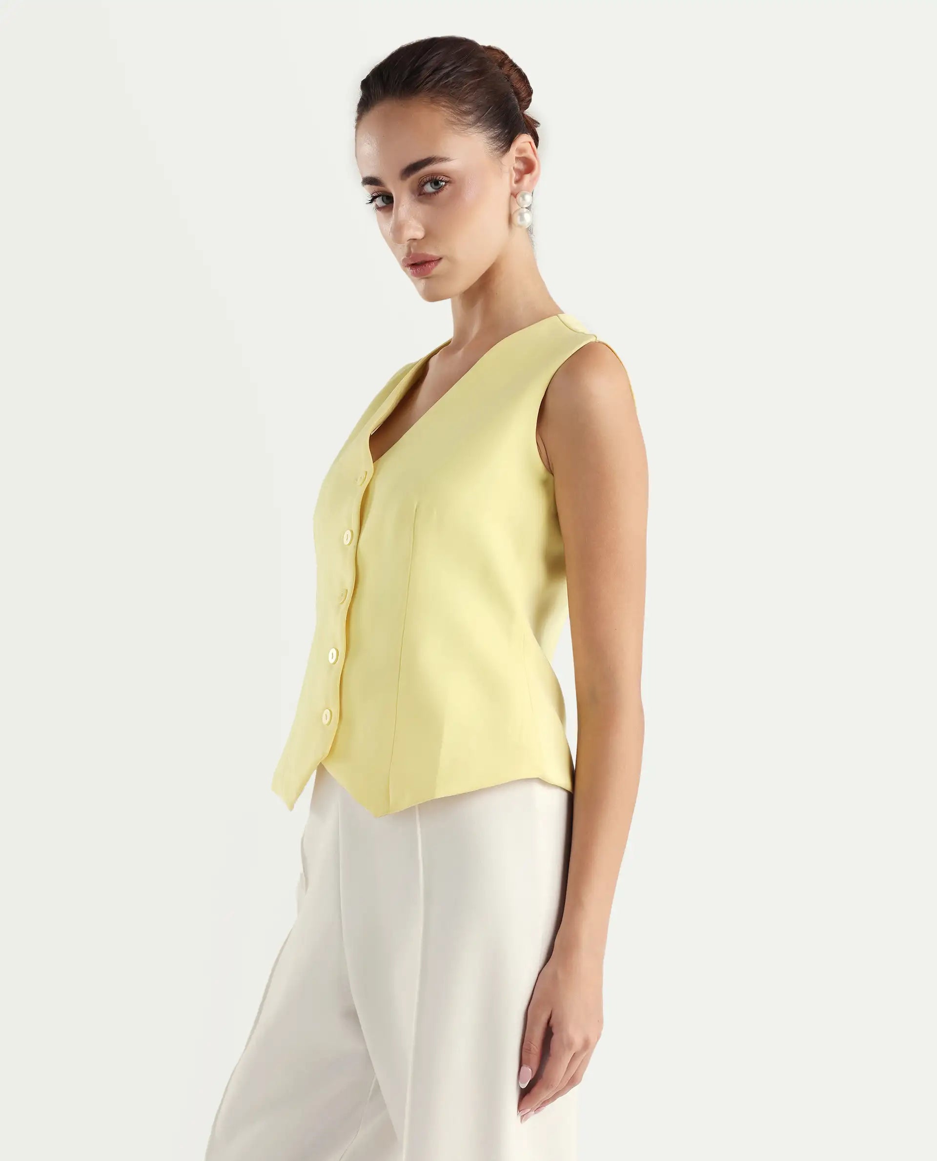 Rareism Women Nuva-T Yellow V-Neck Button Fitted Plain Top
