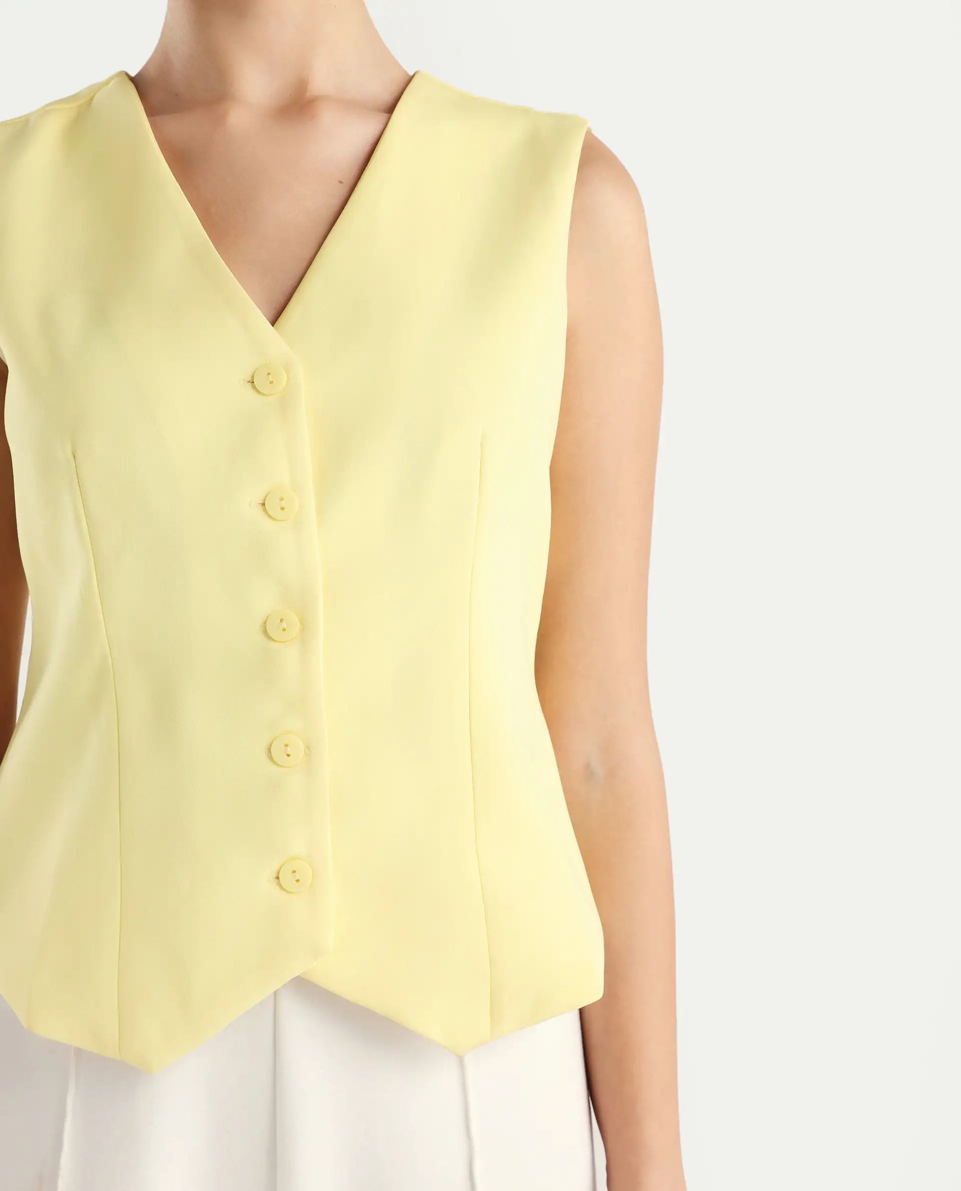 Rareism Women Nuva-T Yellow V-Neck Button Fitted Plain Top