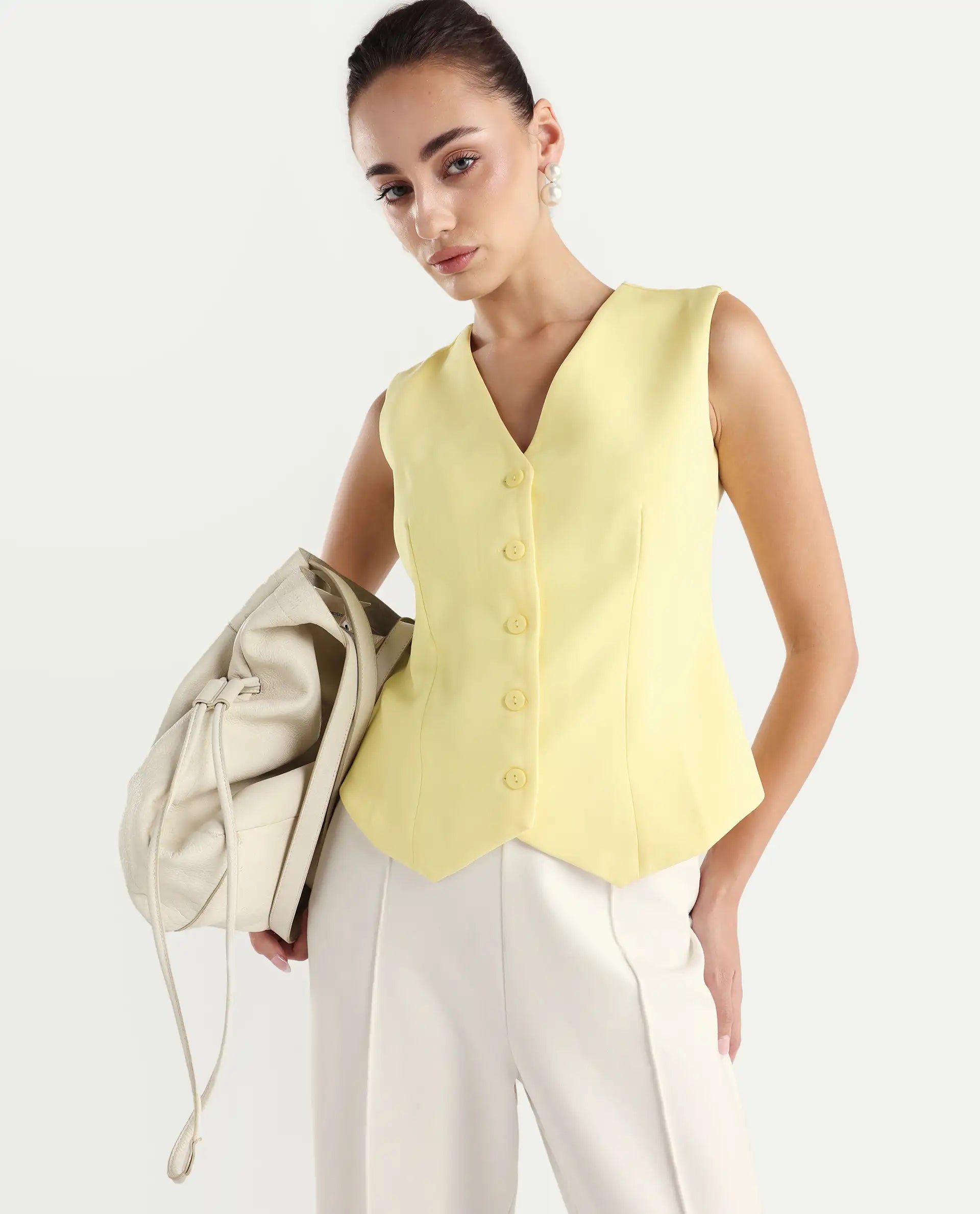 Rareism Women Nuva-T Yellow V-Neck Button Fitted Plain Top