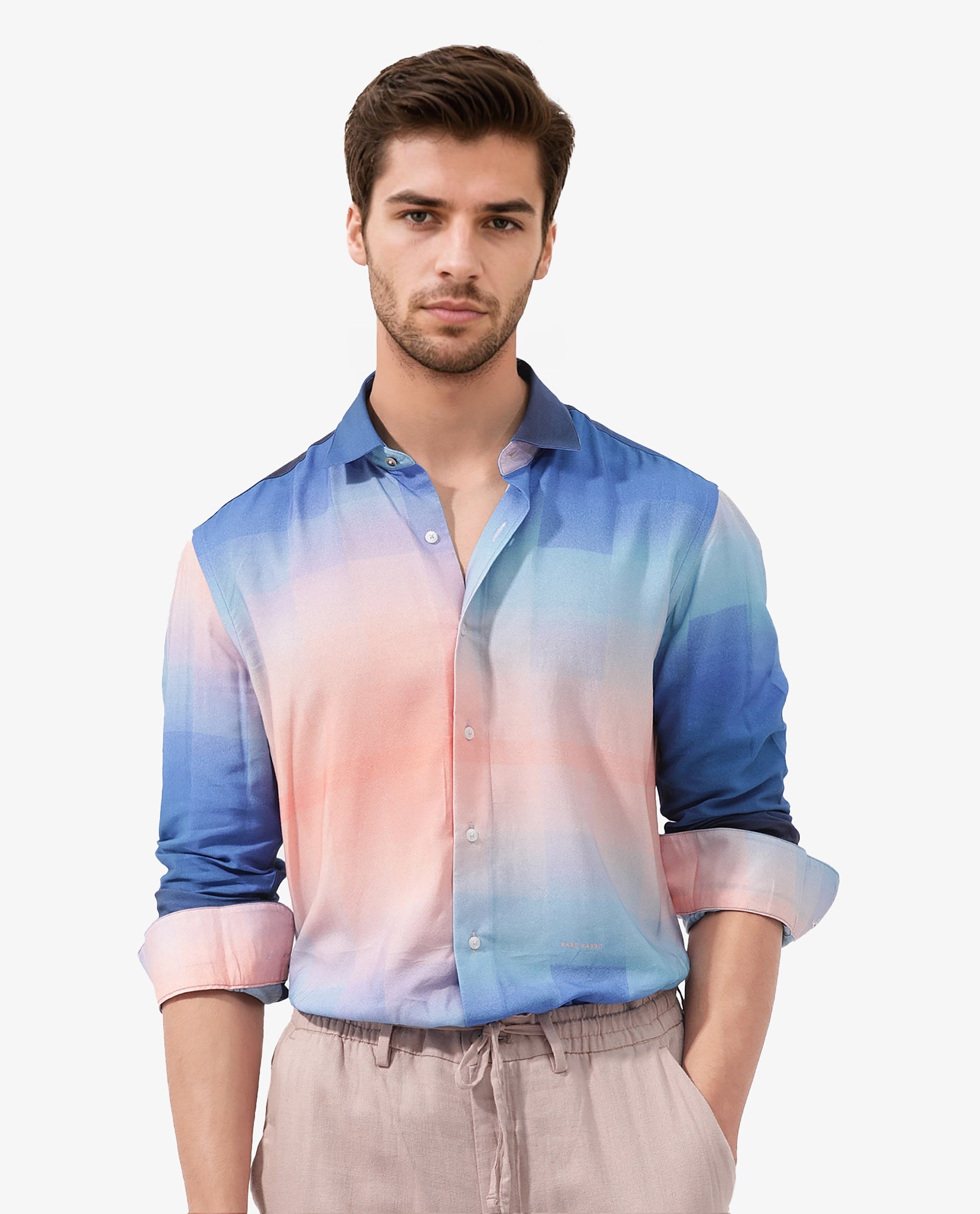 Rare Rabbit Men's Obroom Light Pink Viscose Fabric Full Sleeves Gradient Abstract Print Shirt