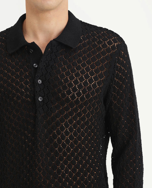 Buy Ocon - Black Premium Flat Knit Geometric Pattern Polo| Rare Rabbit