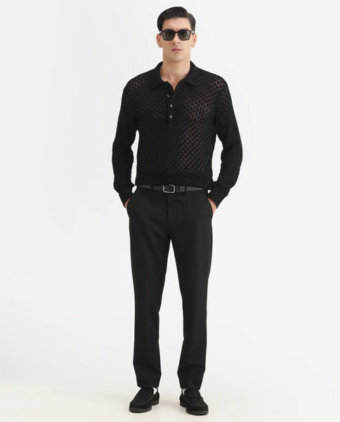 Buy Ocon - Black Premium Flat Knit Geometric Pattern Polo| Rare Rabbit