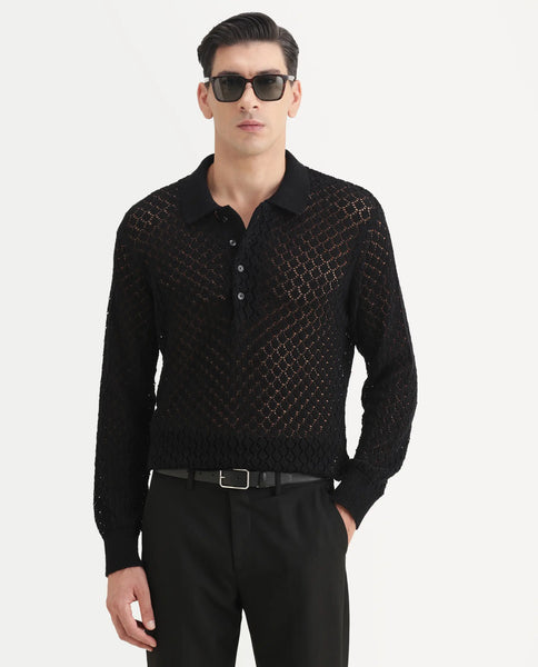 Buy Ocon - Black Premium Flat Knit Geometric Pattern Polo| Rare Rabbit