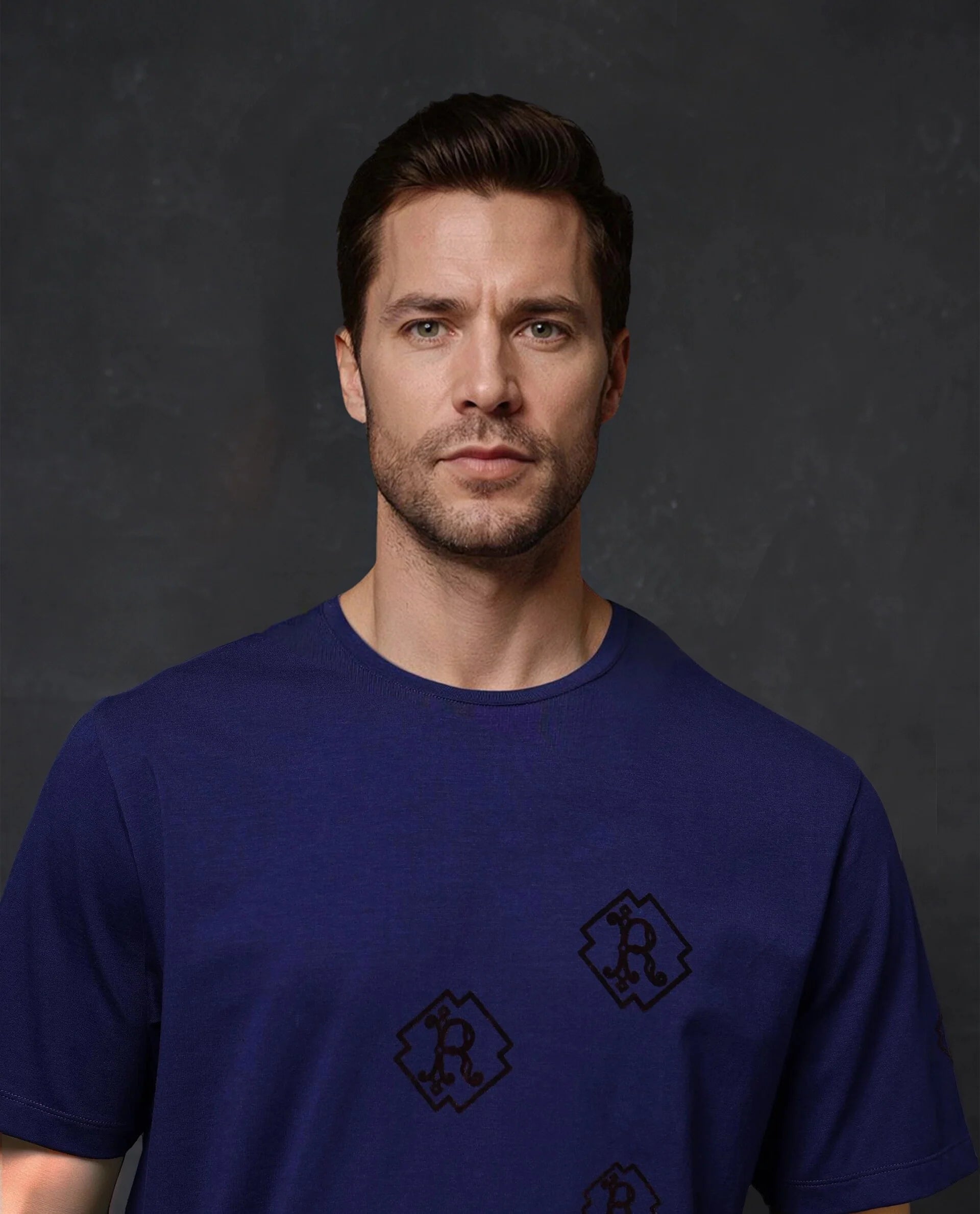 Rare Rabbit Men Odon Navy Cotton Lycra Fabric Short Sleeve Crew Neck Regular Fit Graphic Flock Print T-Shirt