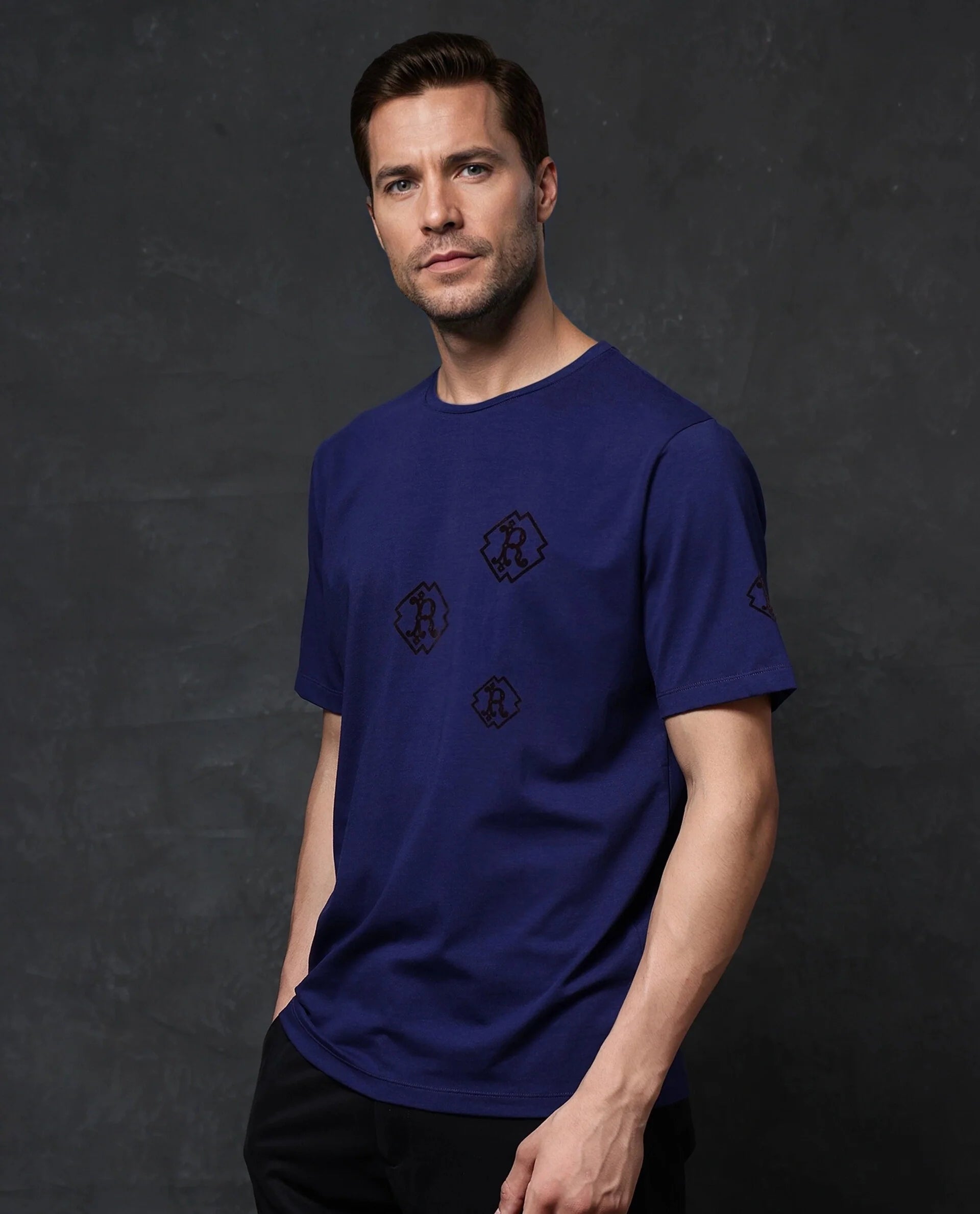 Rare Rabbit Men Odon Navy Cotton Lycra Fabric Short Sleeve Crew Neck Regular Fit Graphic Flock Print T-Shirt