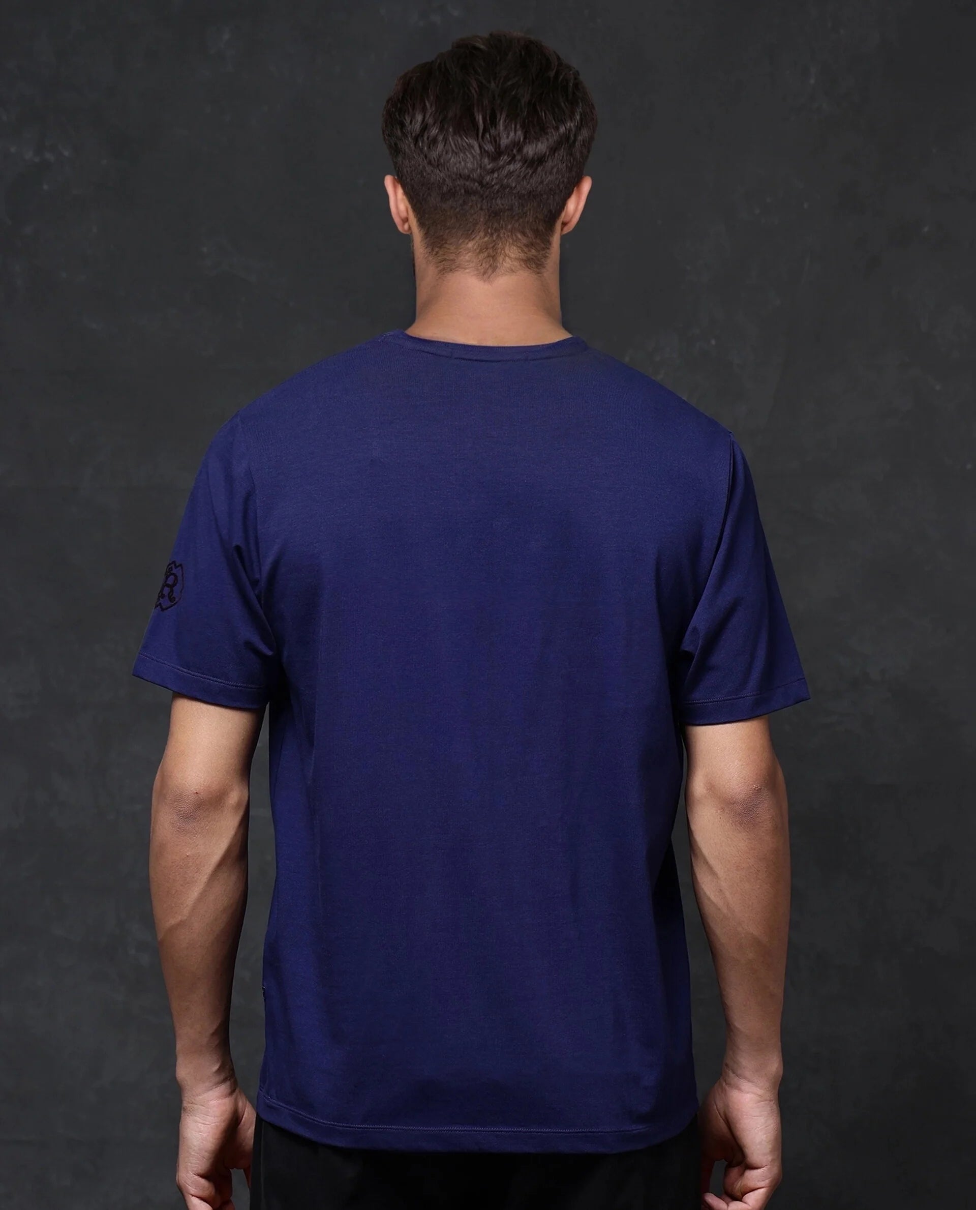 Rare Rabbit Men Odon Navy Cotton Lycra Fabric Short Sleeve Crew Neck Regular Fit Graphic Flock Print T-Shirt