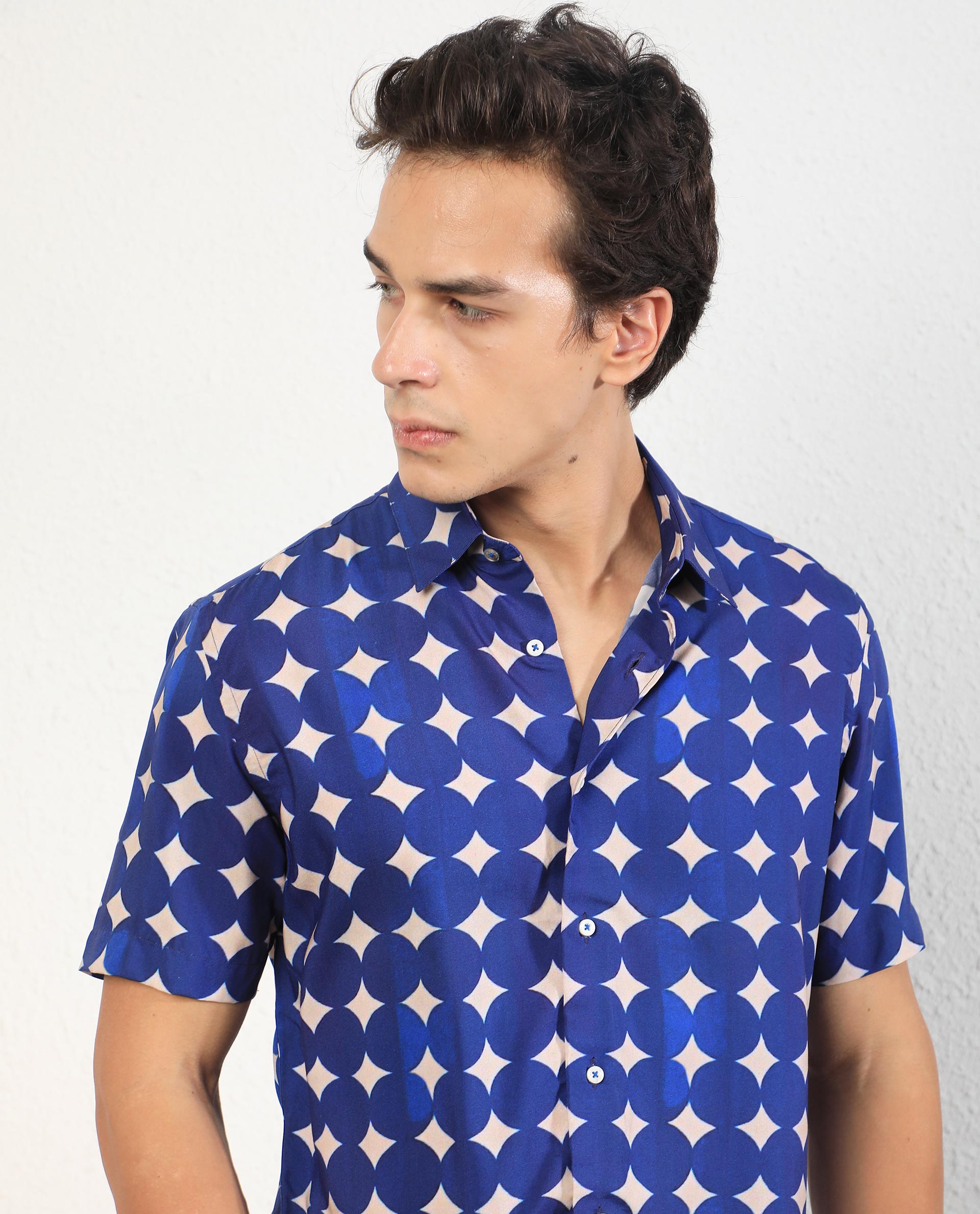 Rare Rabbit Men's Clinton Blue Viscose Fabric Geometric Print Half Sleeves Shirt