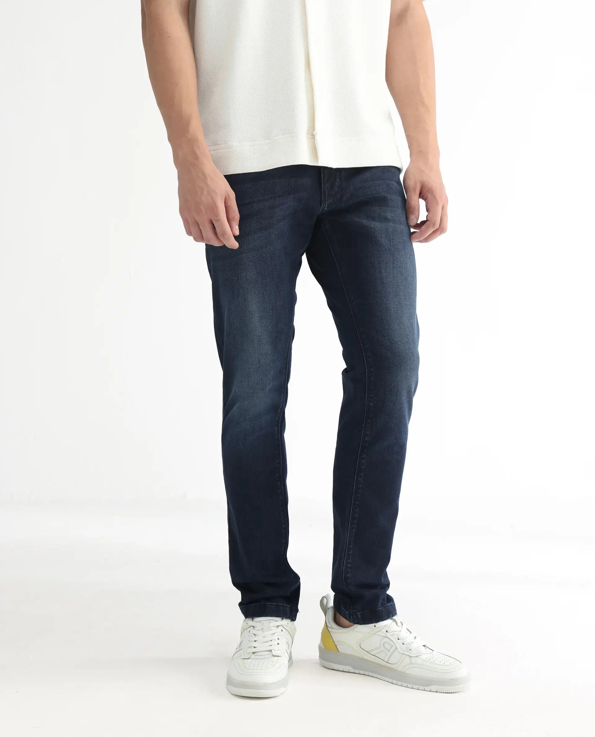 Rare Rabbit Men's Oeko Navy Cotton Plain Hawk Slim Fit Jeans