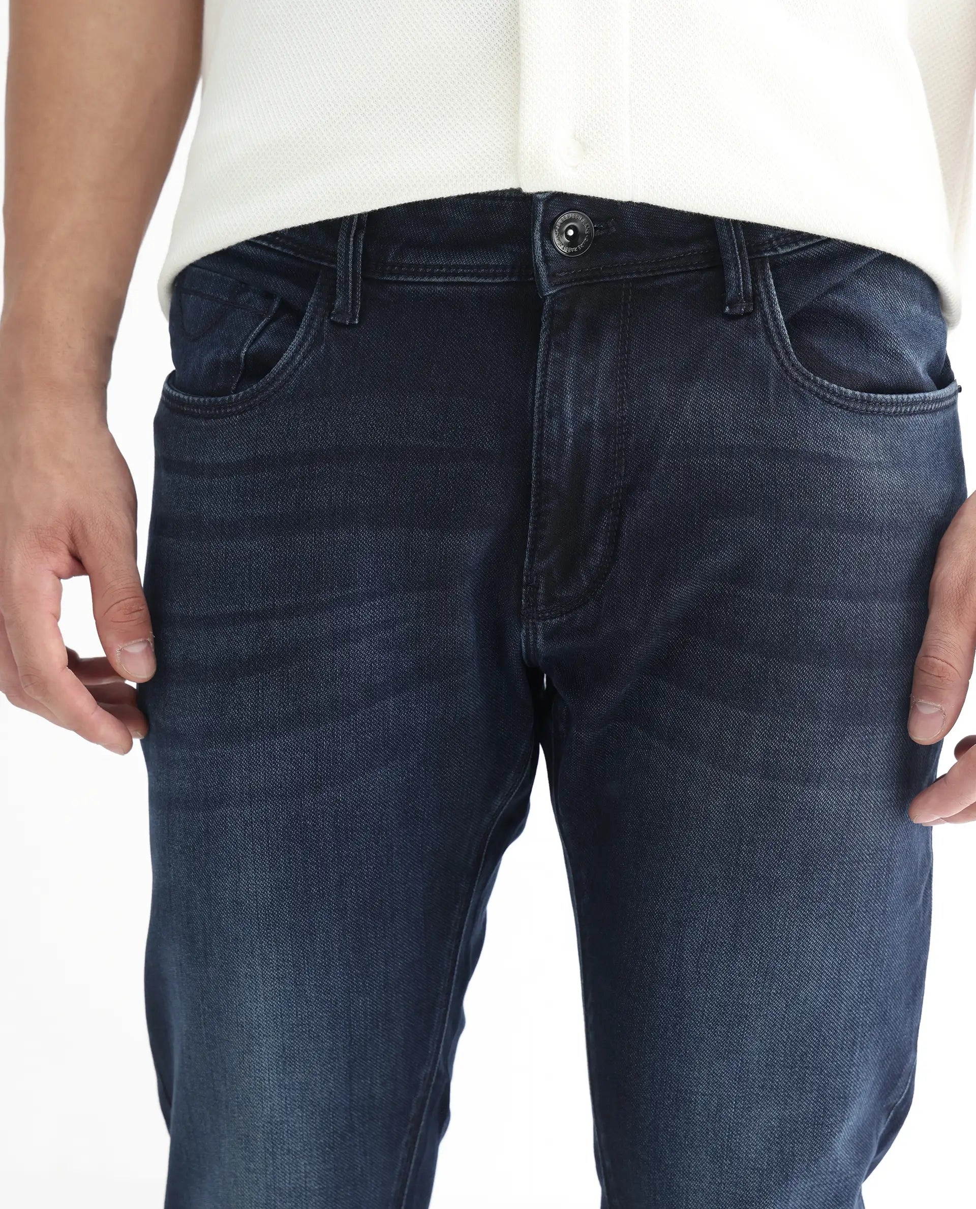 Rare Rabbit Men's Oeko Navy Cotton Plain Hawk Slim Fit Jeans