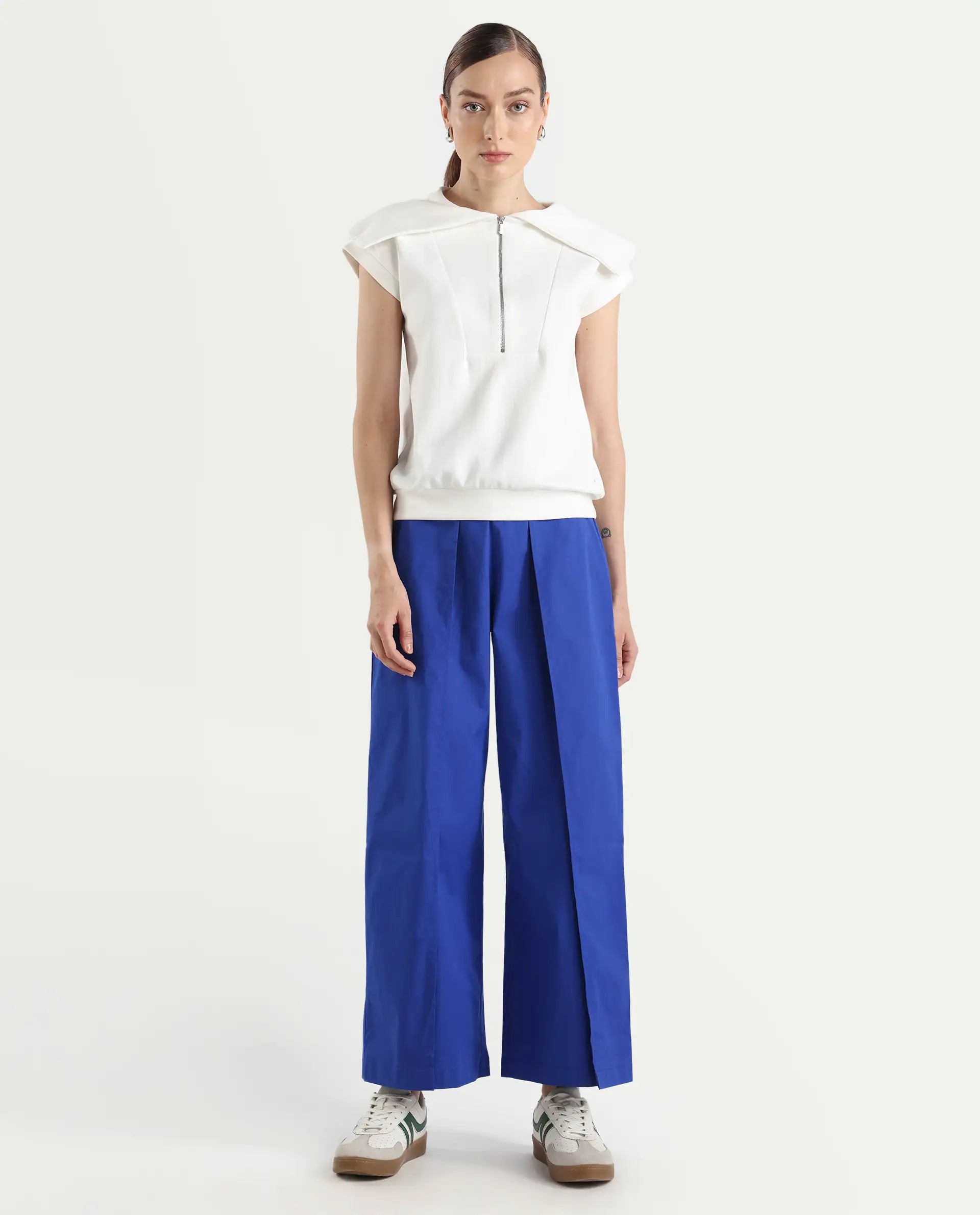 Rareism Women's Oipi Blue Cotton Blend Plain Ankle Length Wide Trouser