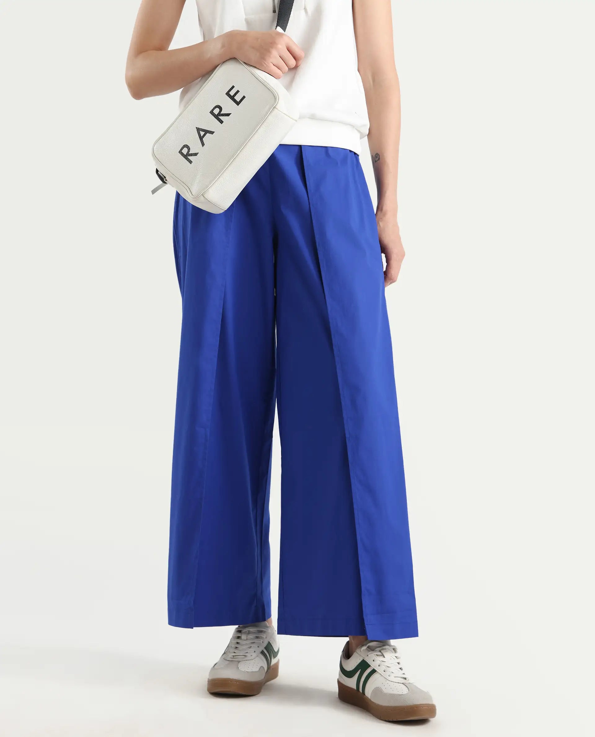 Rareism Women's Oipi Blue Cotton Blend Plain Ankle Length Wide Trouser