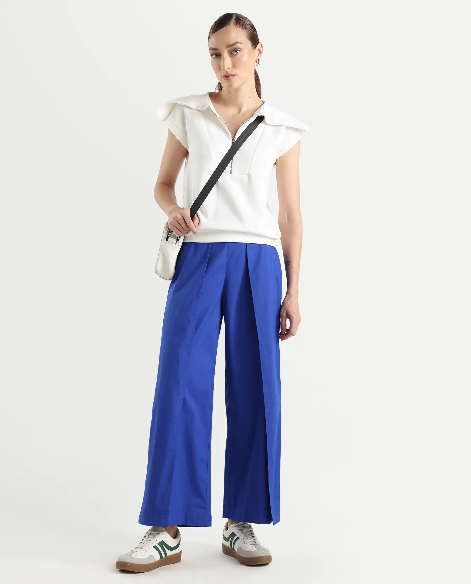 Rareism Women's Oipi Blue Cotton Blend Plain Ankle Length Wide Trouser