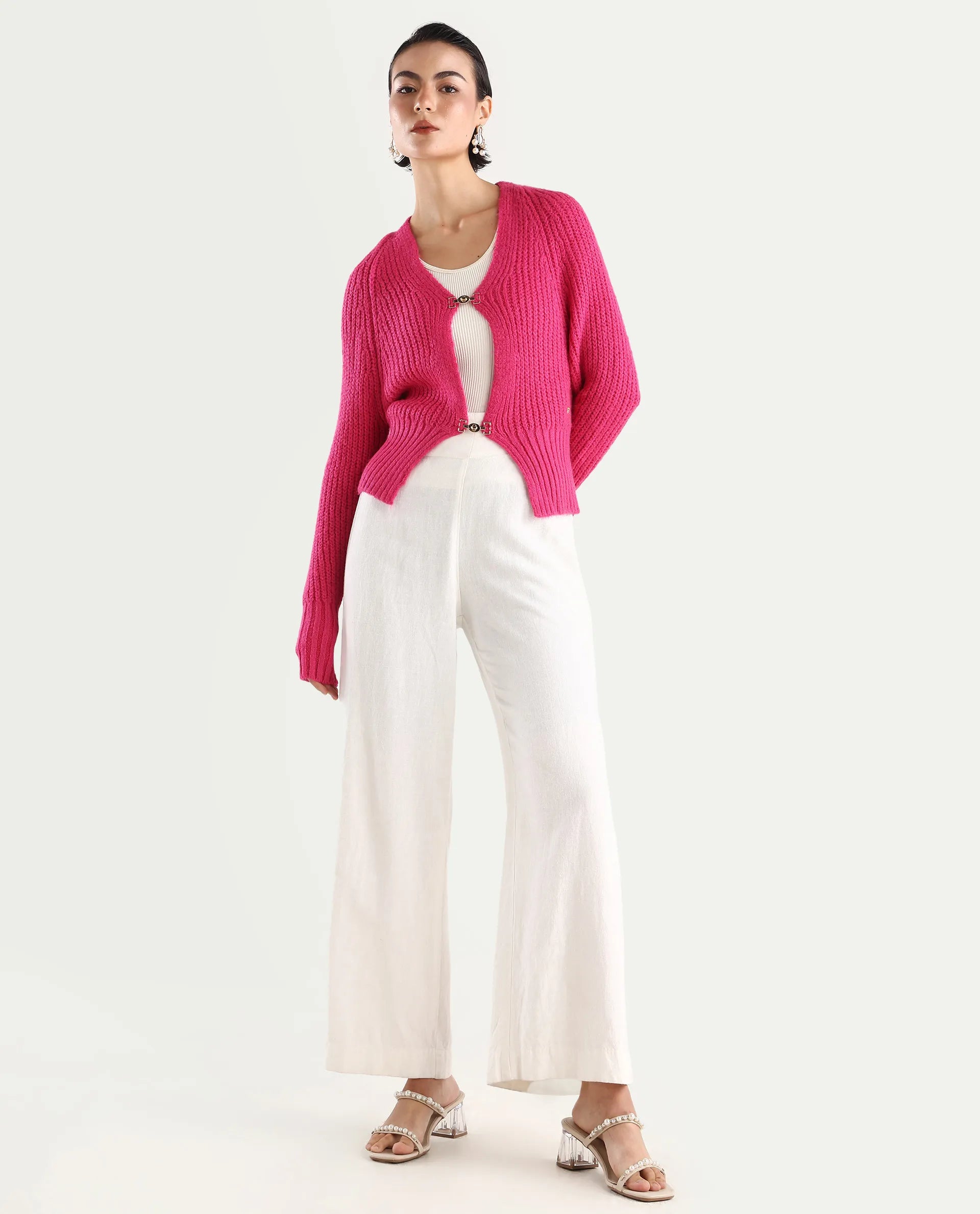 Rareism Women's Okali Pink V-Neck Plain Regular Fit Cardigan