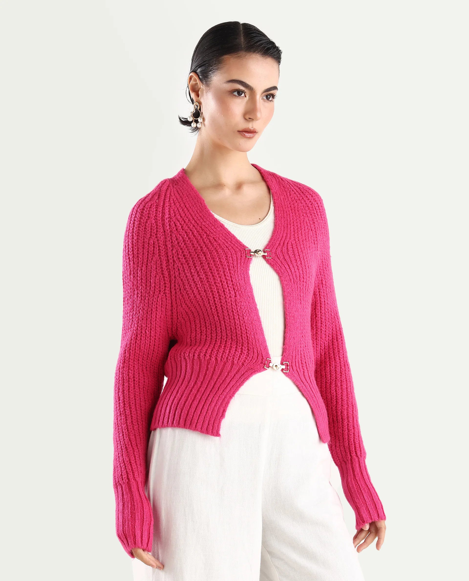 Rareism Women's Okali Pink V-Neck Plain Regular Fit Cardigan