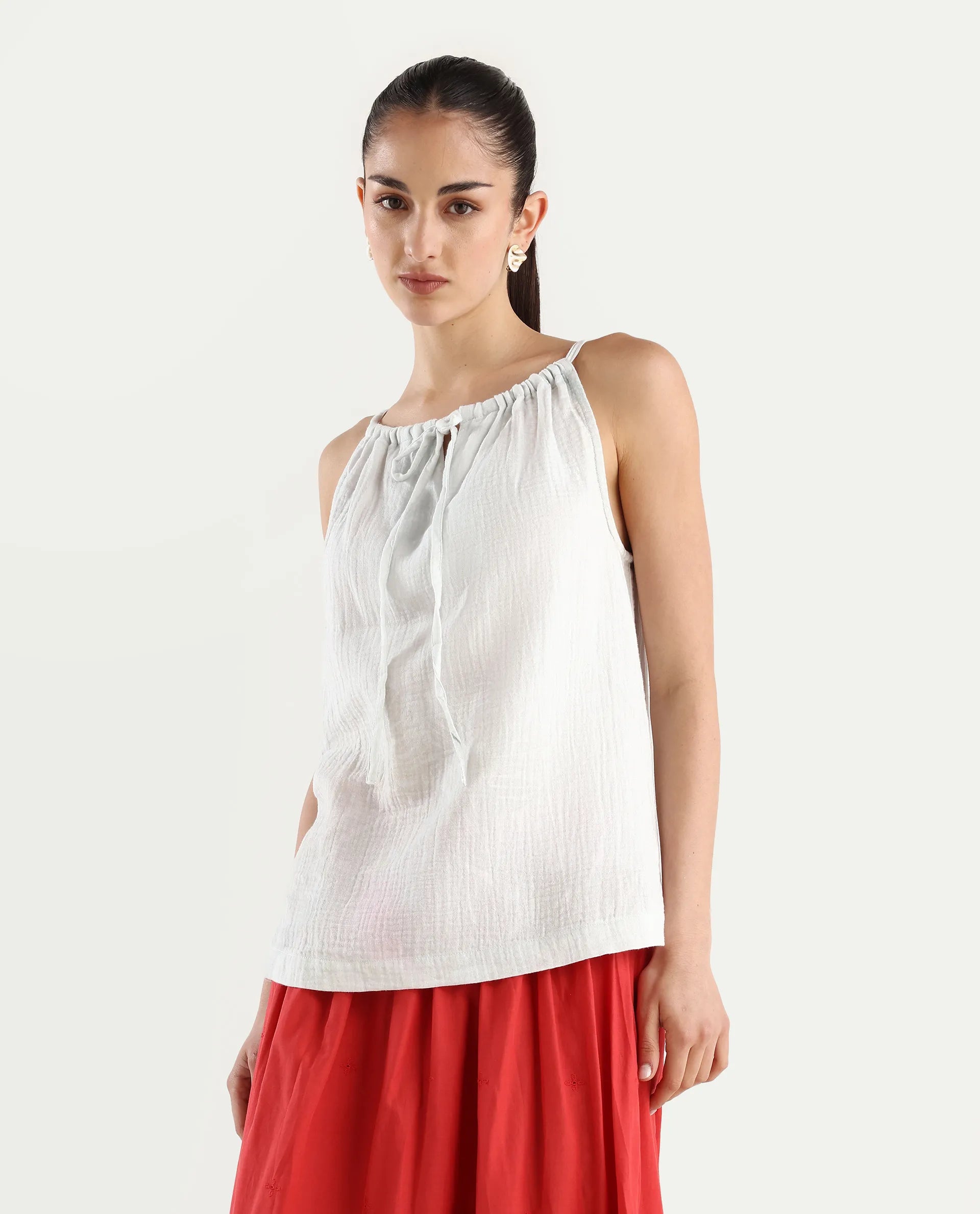 Rareism Women's Oliya Off White Cotton Blend Halter Neck Tropical Print Sleeveless Regular Fit Top