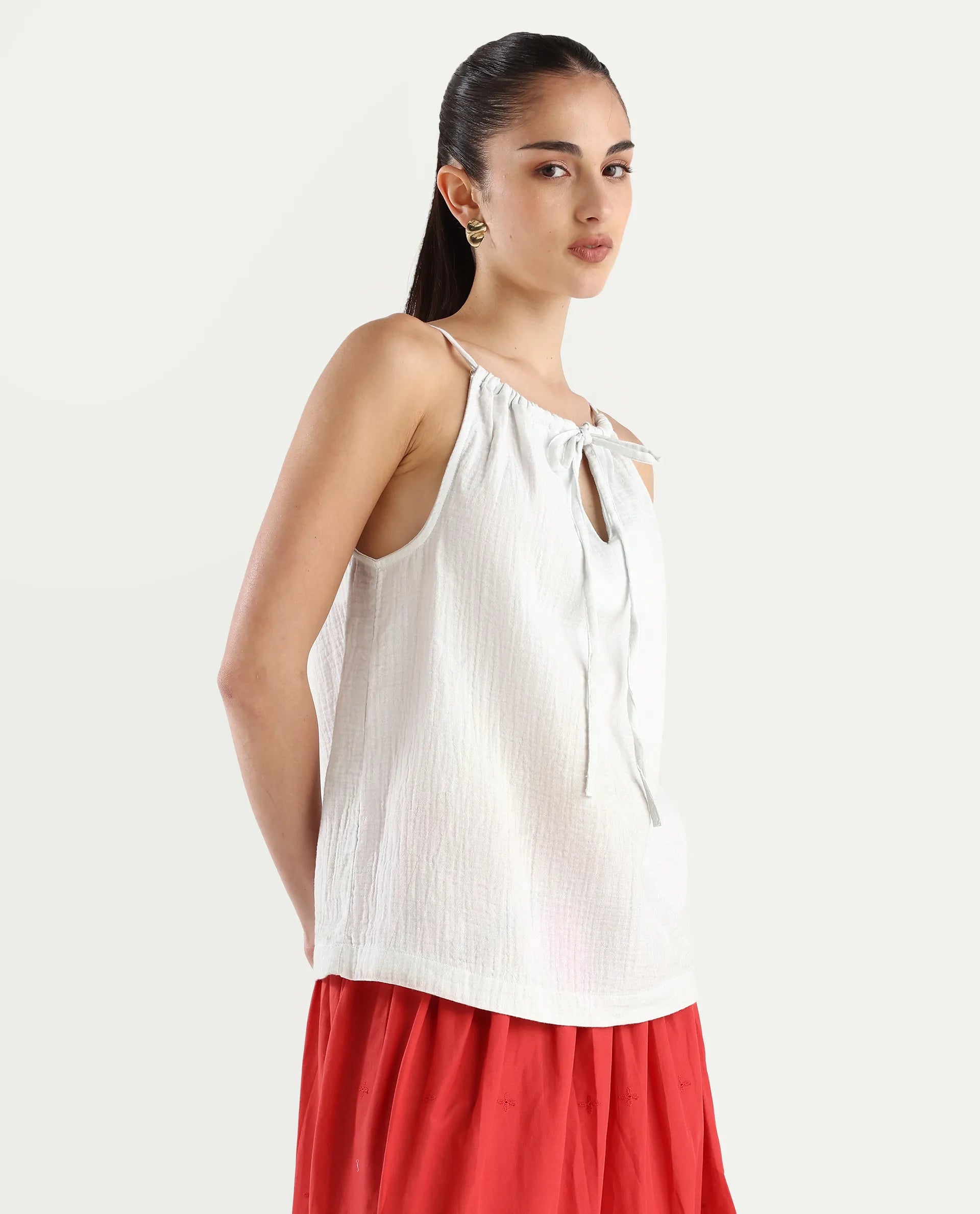 Rareism Women's Oliya Off White Cotton Blend Halter Neck Tropical Print Sleeveless Regular Fit Top