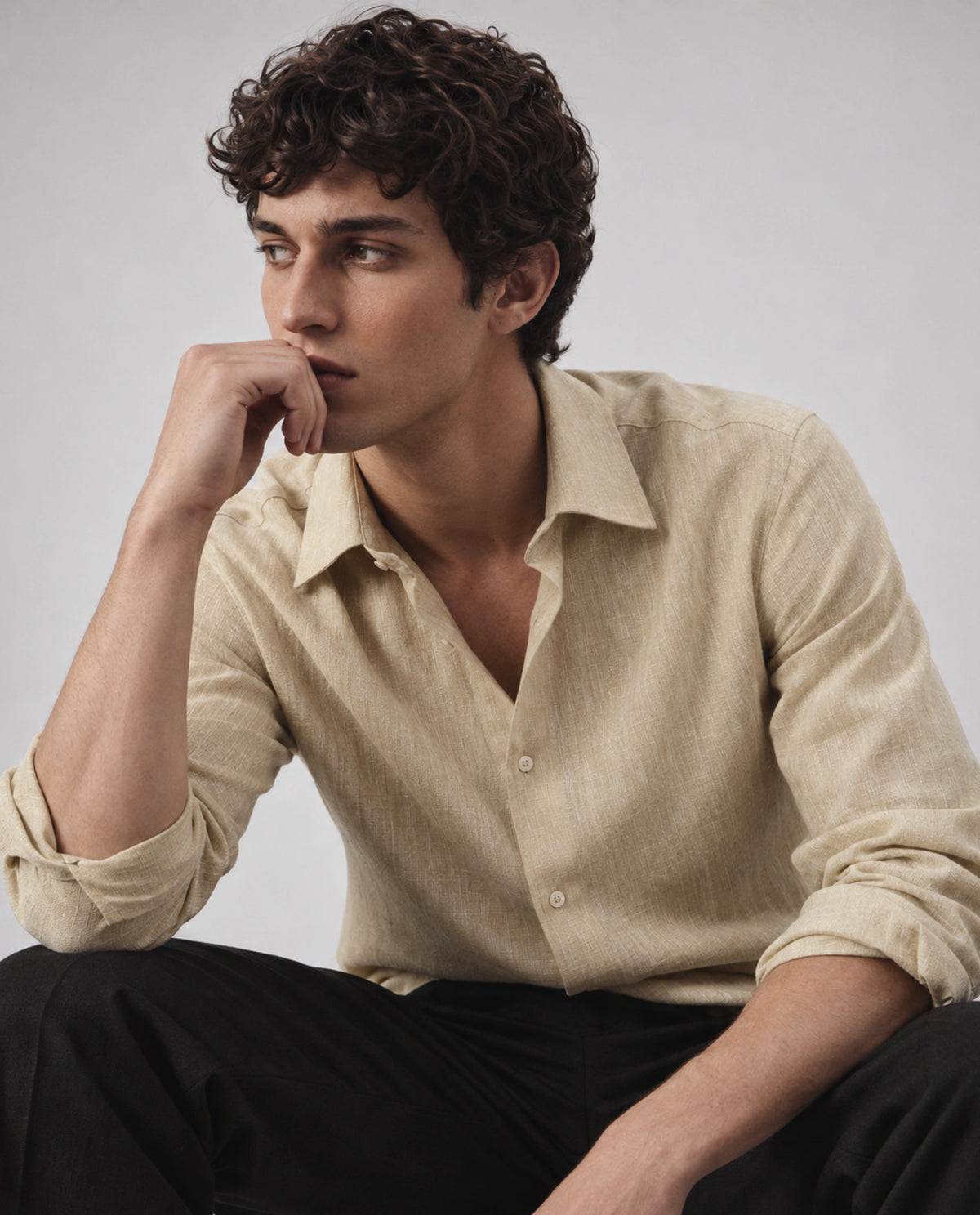 Rare Rabbit Men's Olvt Light Mustard Linen Blend Button Regular Fit Plain Shirt