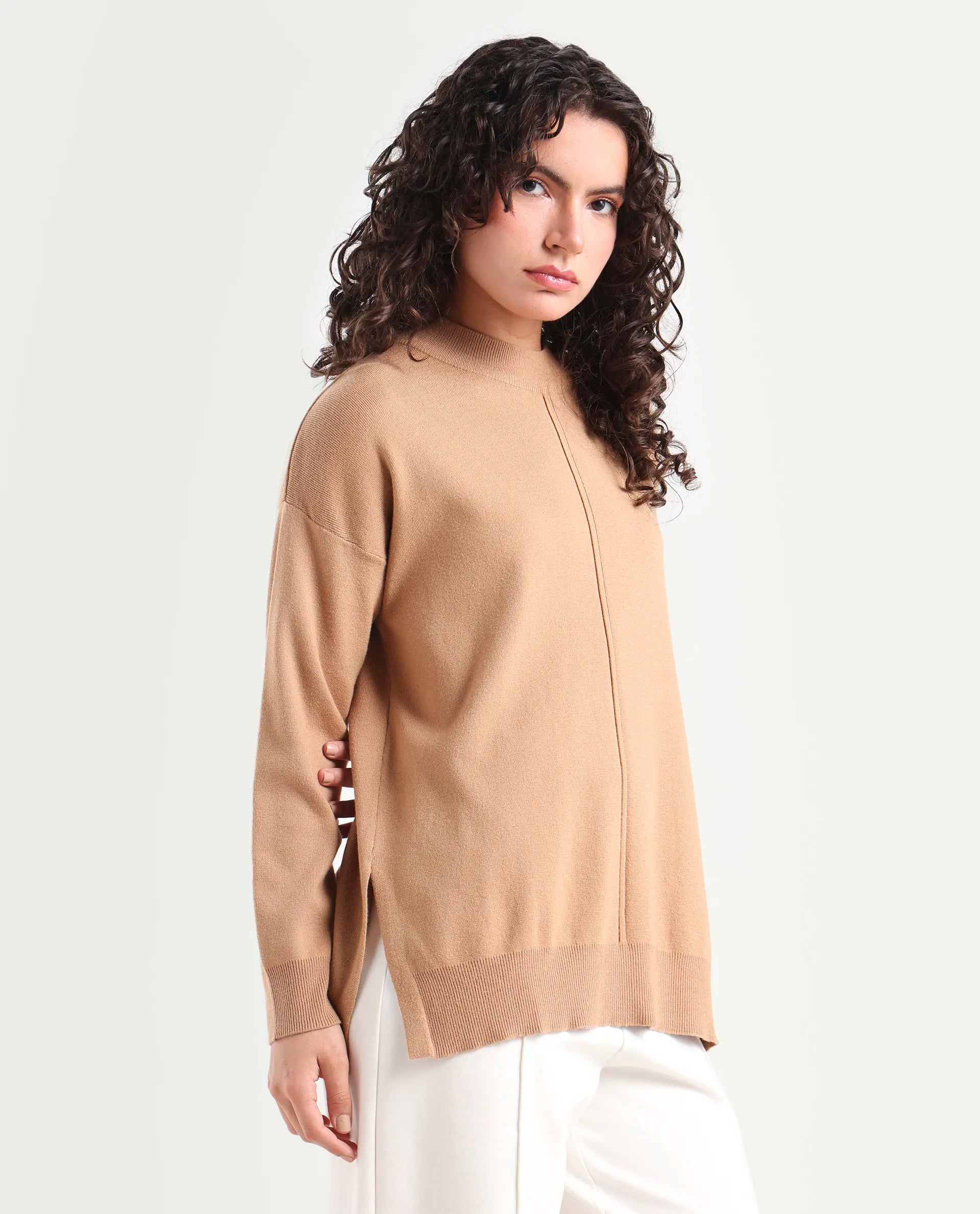 Rareism Women's Omerli T Light Beige Viscose High Neck Plain Oversized Sweater