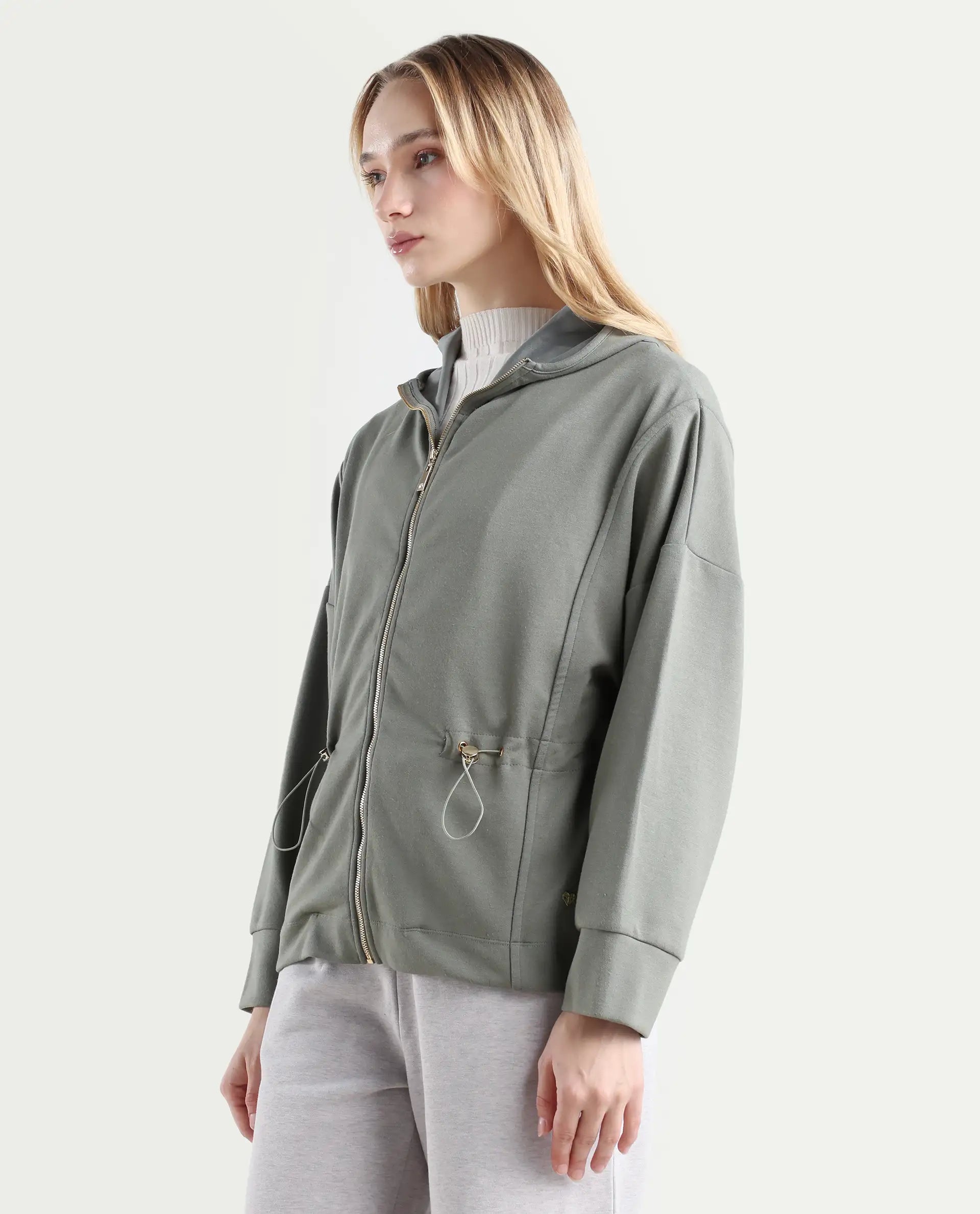 Rareism Women's Onerler Dusky Green Polyester Blend Hooded Plain Relaxed Fit Sweatshirt