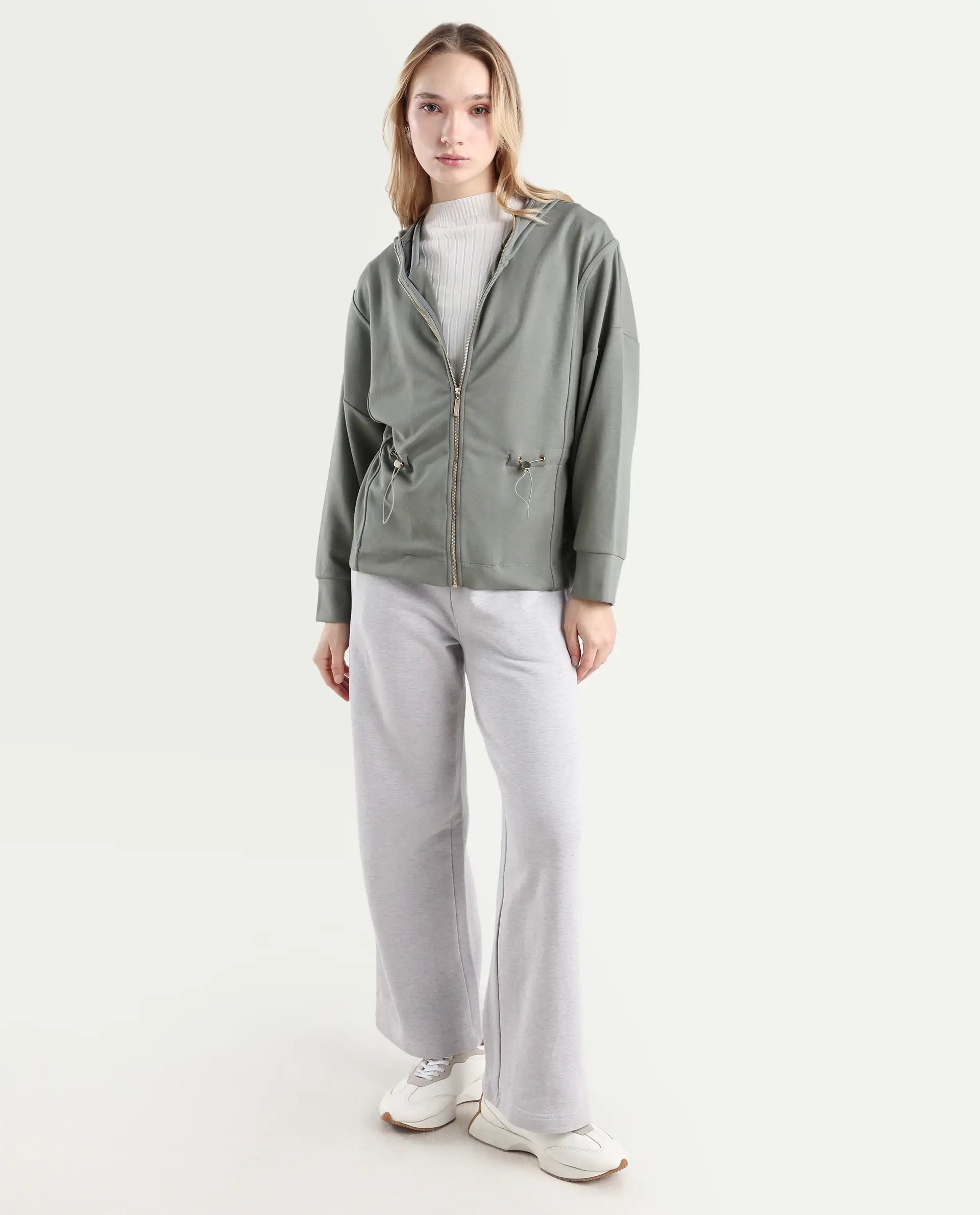 Rareism Women's Onerler Dusky Green Polyester Blend Hooded Plain Relaxed Fit Sweatshirt