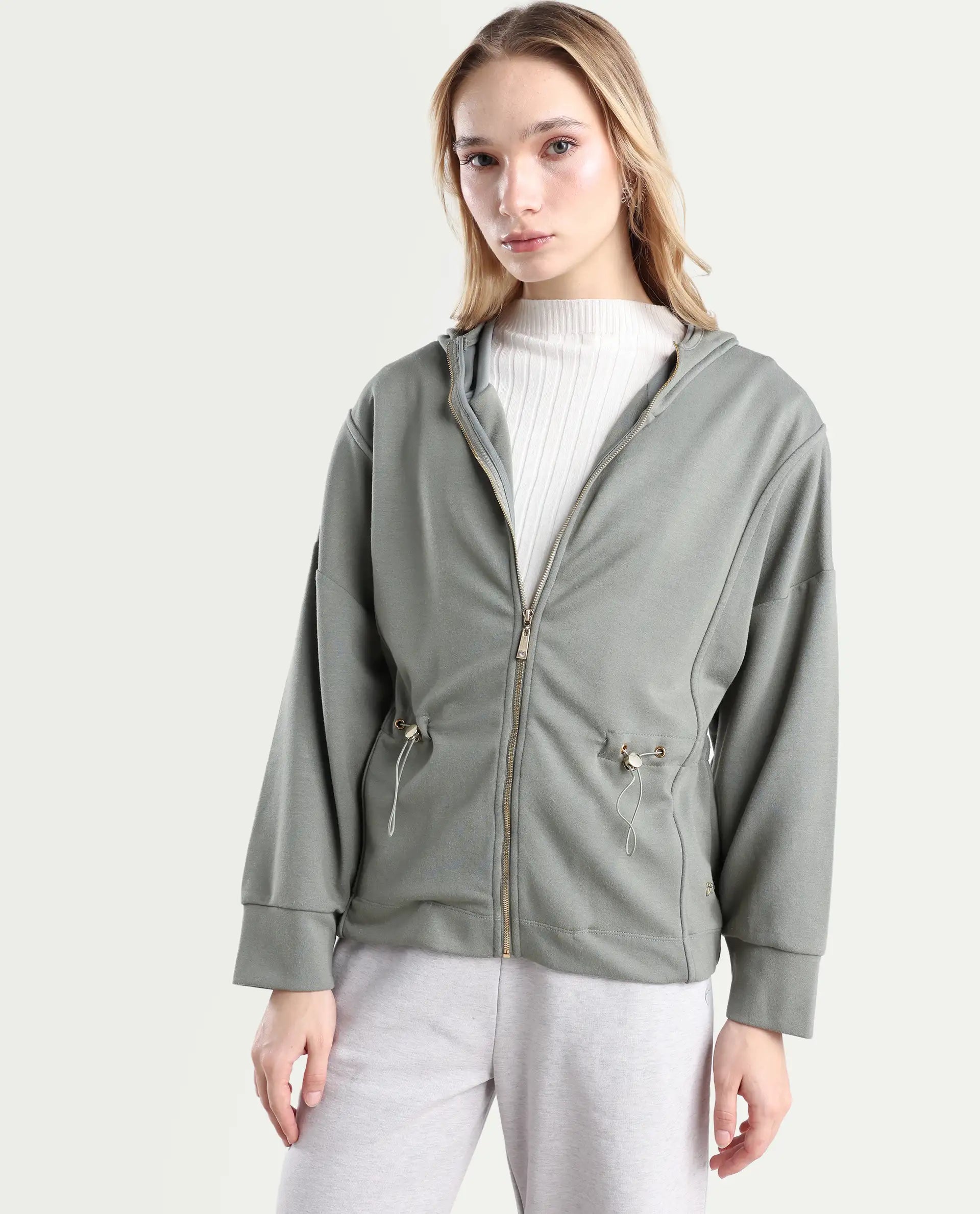 Rareism Women's Onerler Dusky Green Polyester Blend Hooded Plain Relaxed Fit Sweatshirt