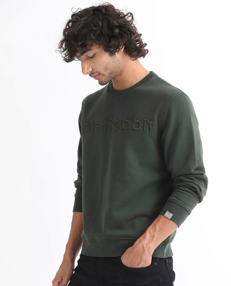 Rare Rabbit Men's Oranj Green Cotton Polyester Fabric Full Sleeves Embroidery Branding Sweatshirt