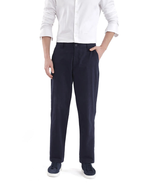 Rare Rabbit Men Oren Navy Cotton Fabric Mid Rise Straight Fit Solid Tr