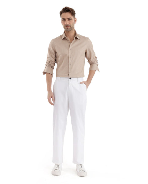 Rare Rabbit Men's Oren White Cotton Plain Straight Fit Trouser