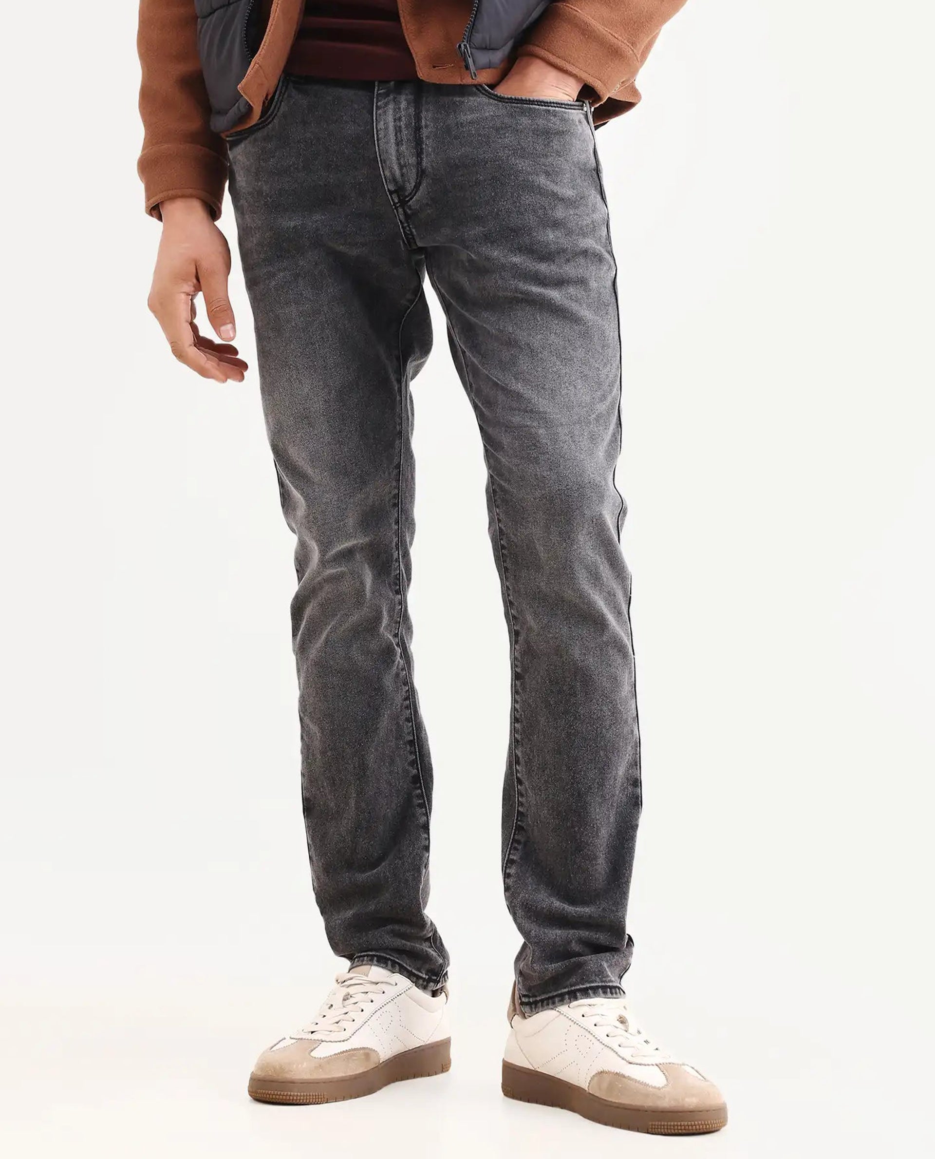 Rare Rabbit Men's Oris 26 Dark Grey Cotton Blend Fabric Hawk Slim Fit Plain Jeans