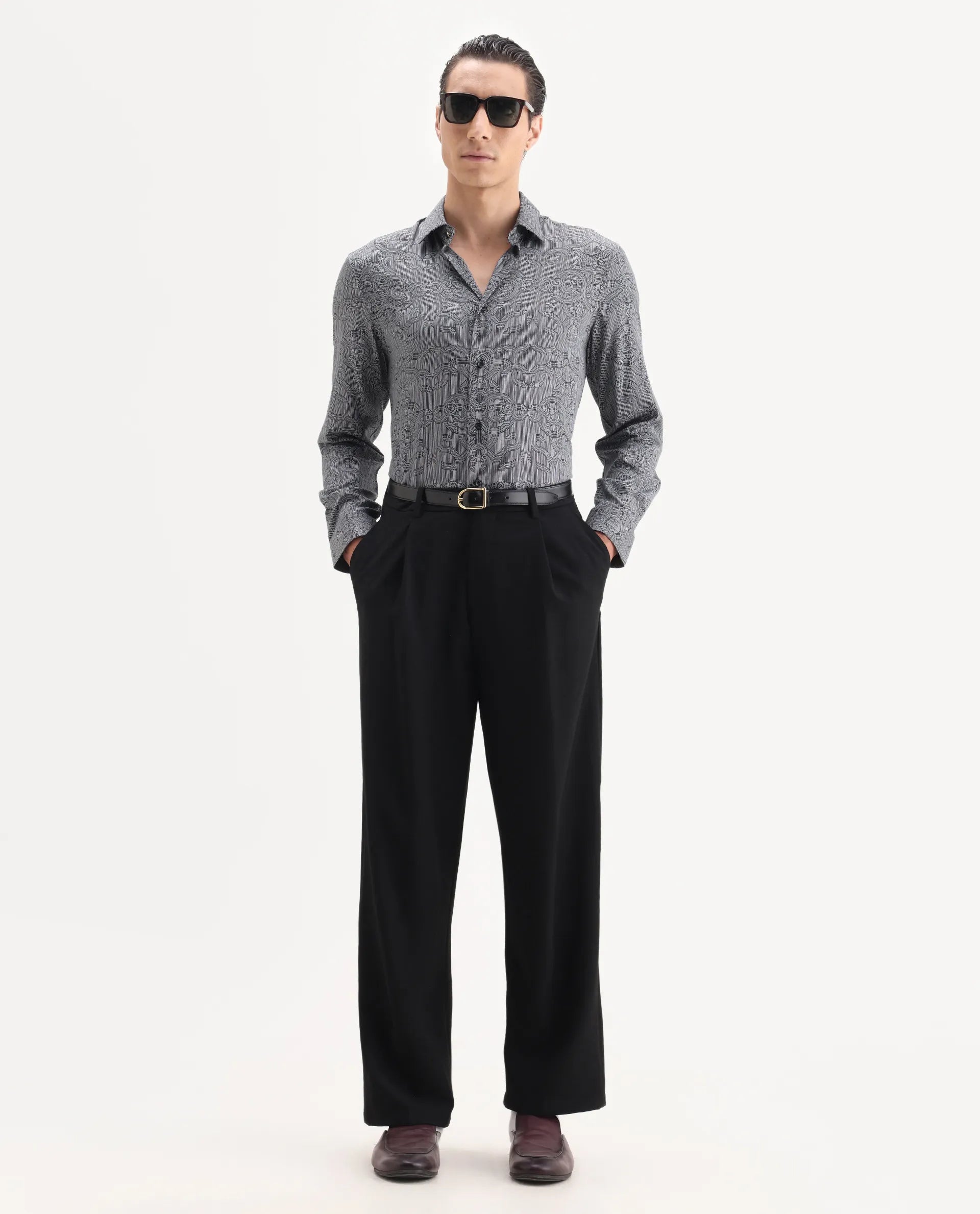 Rare Rabbit Men's Orlo Black Cotton Blend Fabric Full Sleeve Spread Collar Geometric Print Shirt