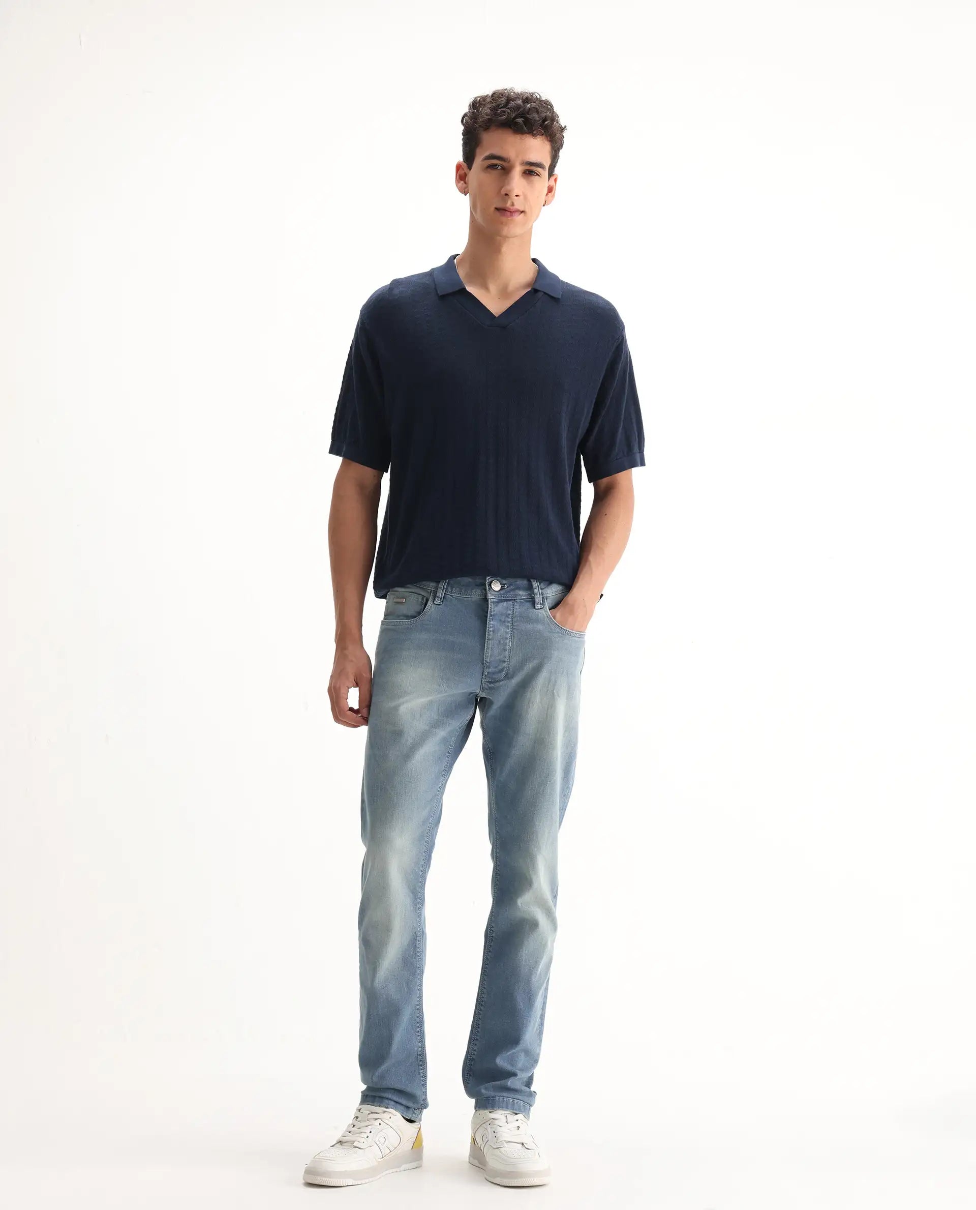 Rare Rabbit Men's Orsica Fluorescent Blue Cotton Plain Hawk Slim Fit Jeans