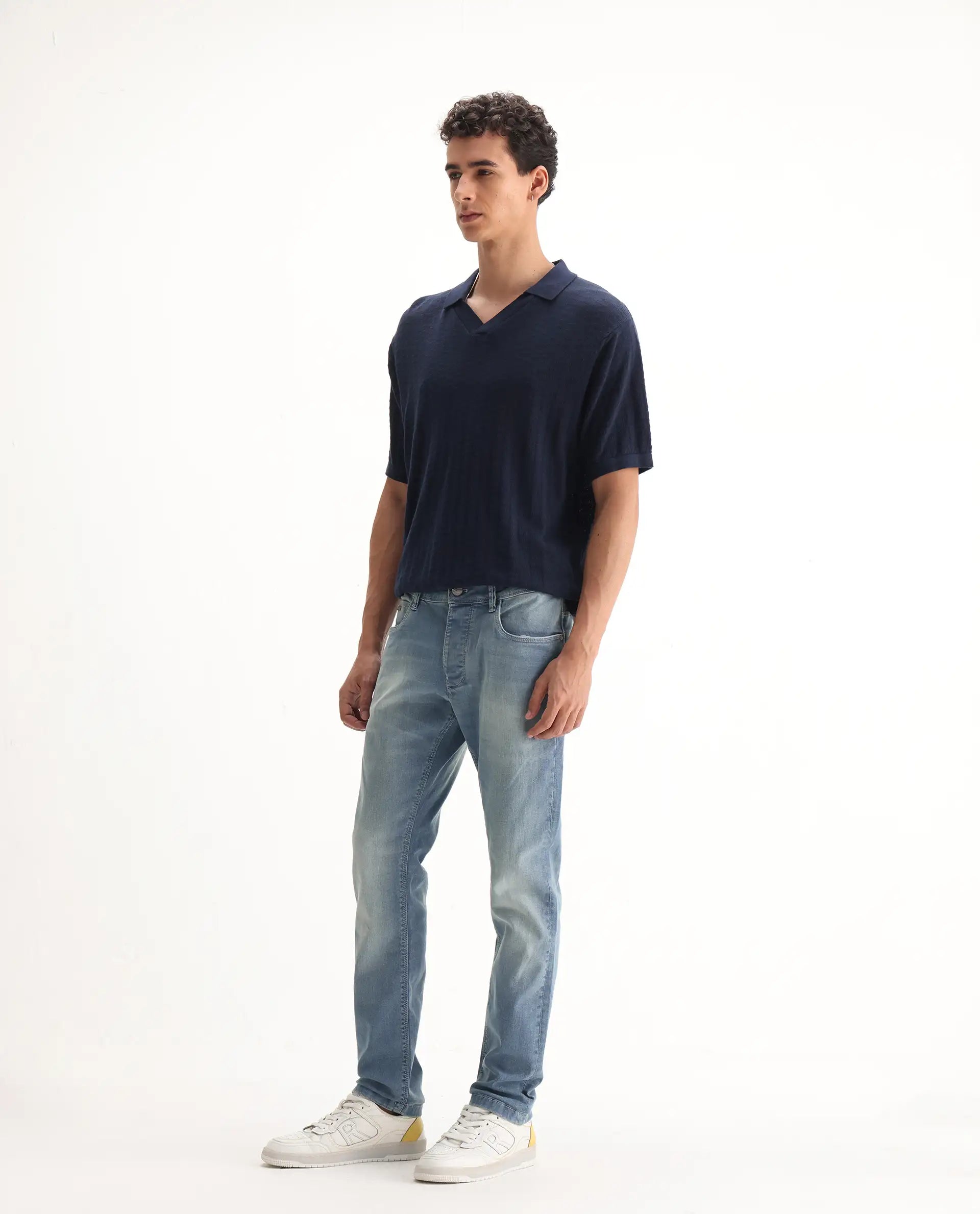 Rare Rabbit Men's Orsica Fluorescent Blue Cotton Plain Hawk Slim Fit Jeans