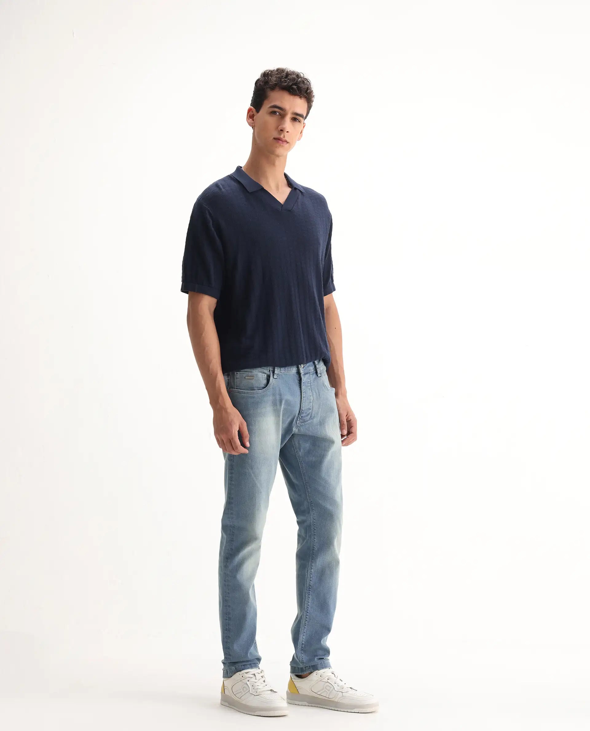 Rare Rabbit Men's Orsica Fluorescent Blue Cotton Plain Hawk Slim Fit Jeans